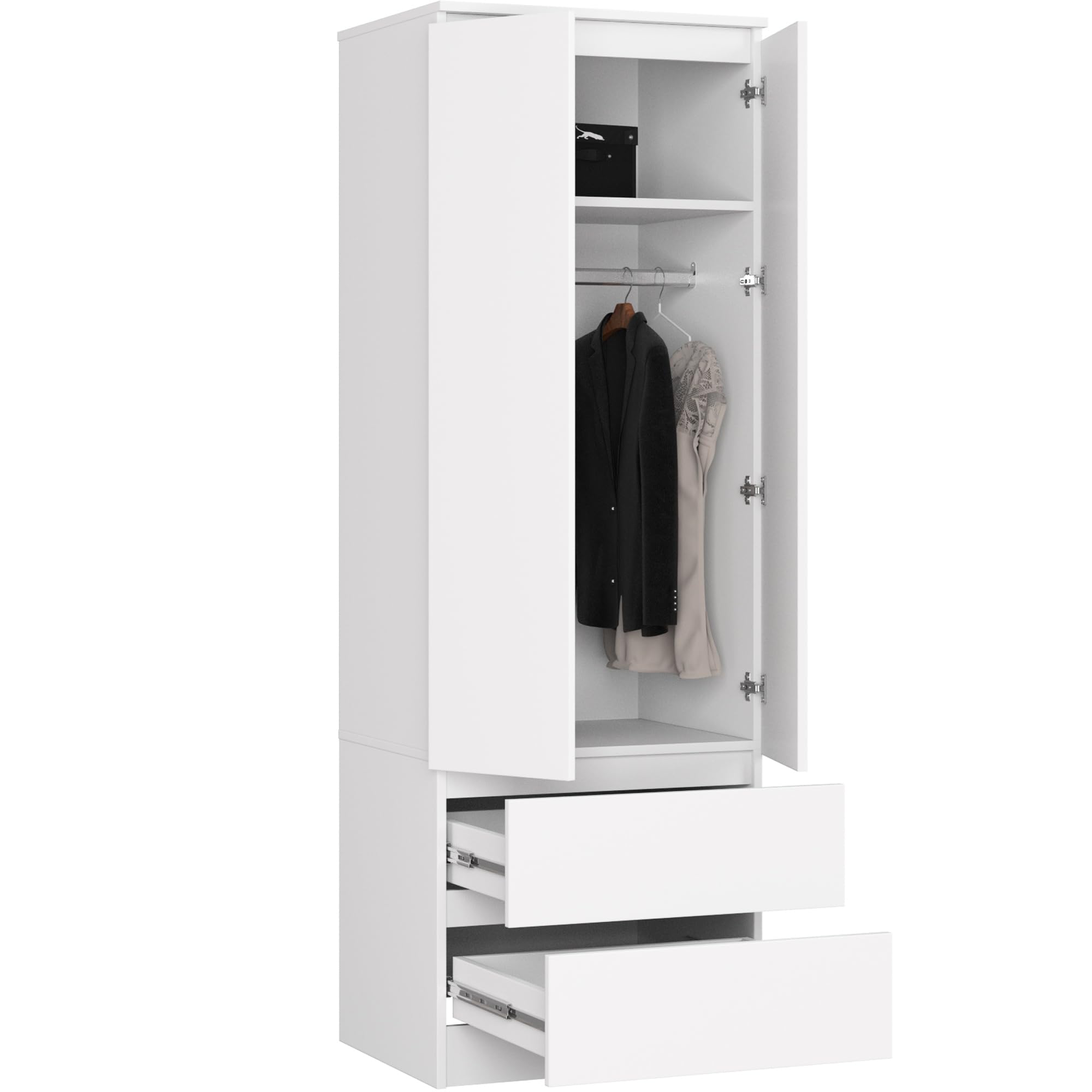 AKORD | Armadio STAR S | 60 cm Due Ante | 2 Cassetti con ripiani e Asta Appendiabiti | Mobiletto Cameretta Camera da Letto | Guardaroba | Pannello in laminato 16 mm | Bianco