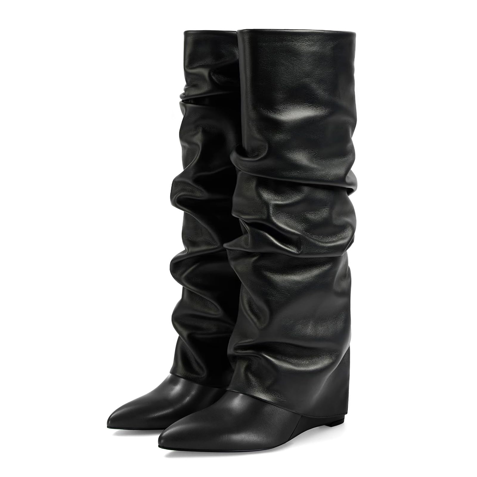 MICIFA Womens Fold Over Boots Slouch Knee High Boots for Women Wedge Heel Pull-on Pointed Toe Wide Calf