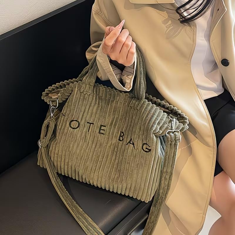 Image of Kawn Korean Tote Bag Aesthetic Corduroy Canvas Handbag for Women Zipper Casual Large Capacity Shoulder Bag with Pockets Versatile Everyday use for College Work Travel & Shopping