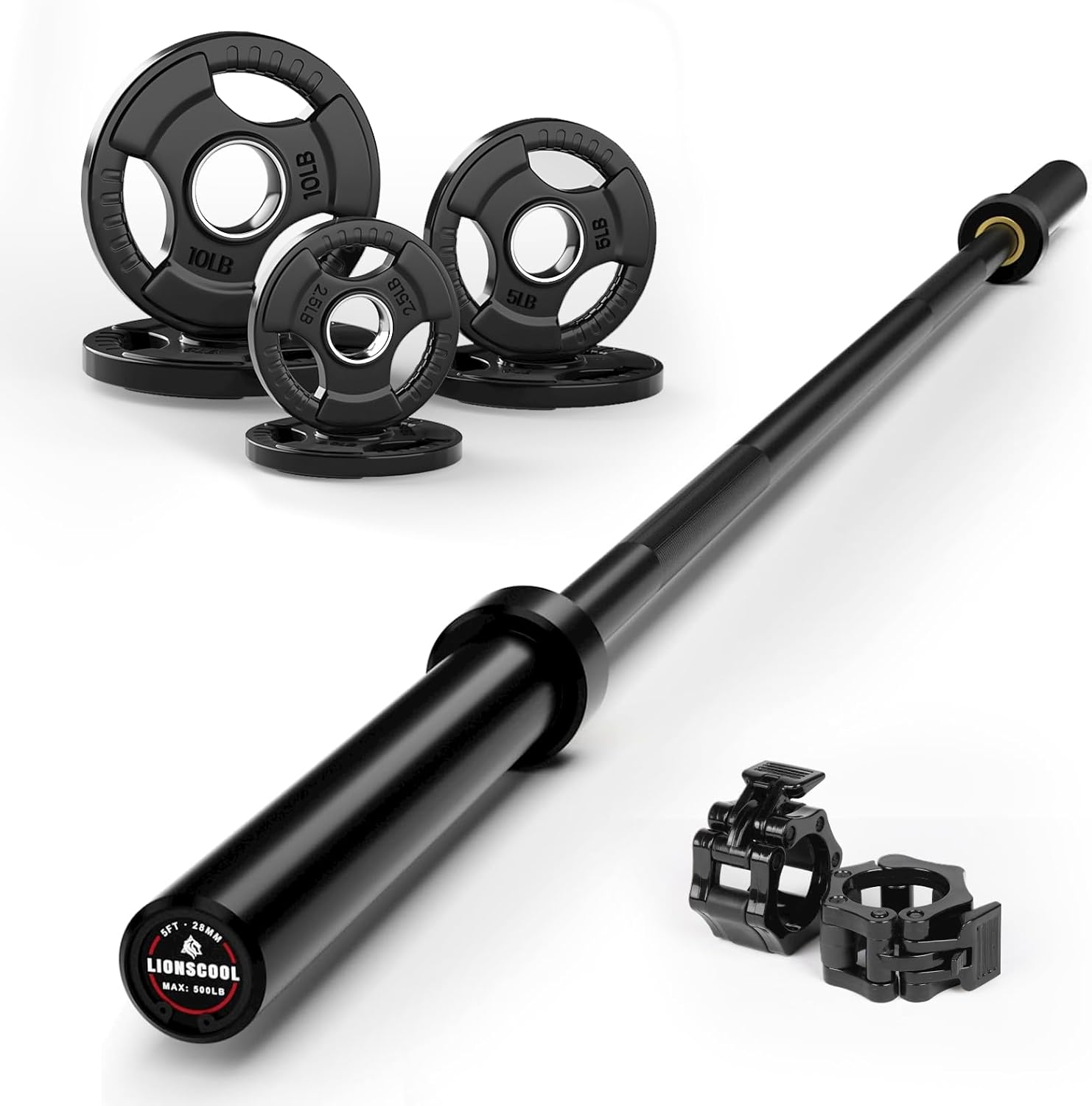 LIONSCOOL Premium 4ft/4.9ft/6ft Barbell for Strength Training and Olympic Weightlifting, 2 Inch Bar for Squats, Curls, Deadlifts, Presses, Hip Thrusts, 350lbs/500lbs/700lbs Weight Capacity Black 4.9ft Straight Bar (with 35lb Weights & Barbell Clamps)