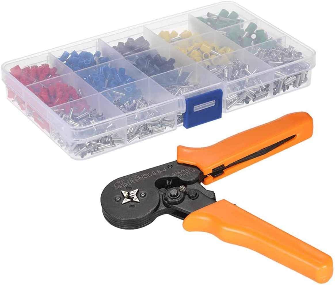 BEONE Self Adjustable Cable Wire Crimper Crimping Pliers Tool, Ferrule Crimpers 0.25-6.0mm² + 1640pcs Copper Insulated Cord Pin End Crimp Terminals Electrical Wire Connector AWG24-10 Set (Orange)