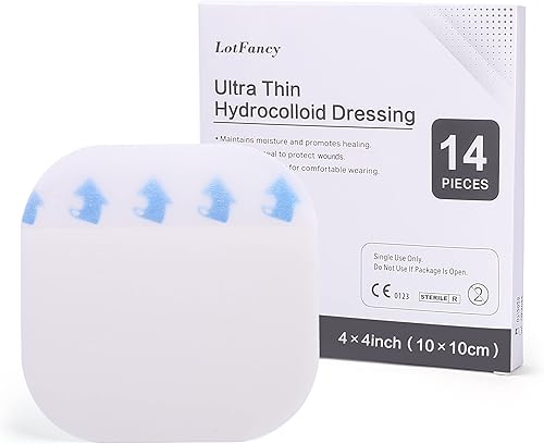 Miniatura 1 de LotFancy Apósito hidrocoloide, paquete de 14, 4 x 4 pulgadas, ultra fino, vendajes hidrocoloides grandes, almohadilla impermeable para heridas,