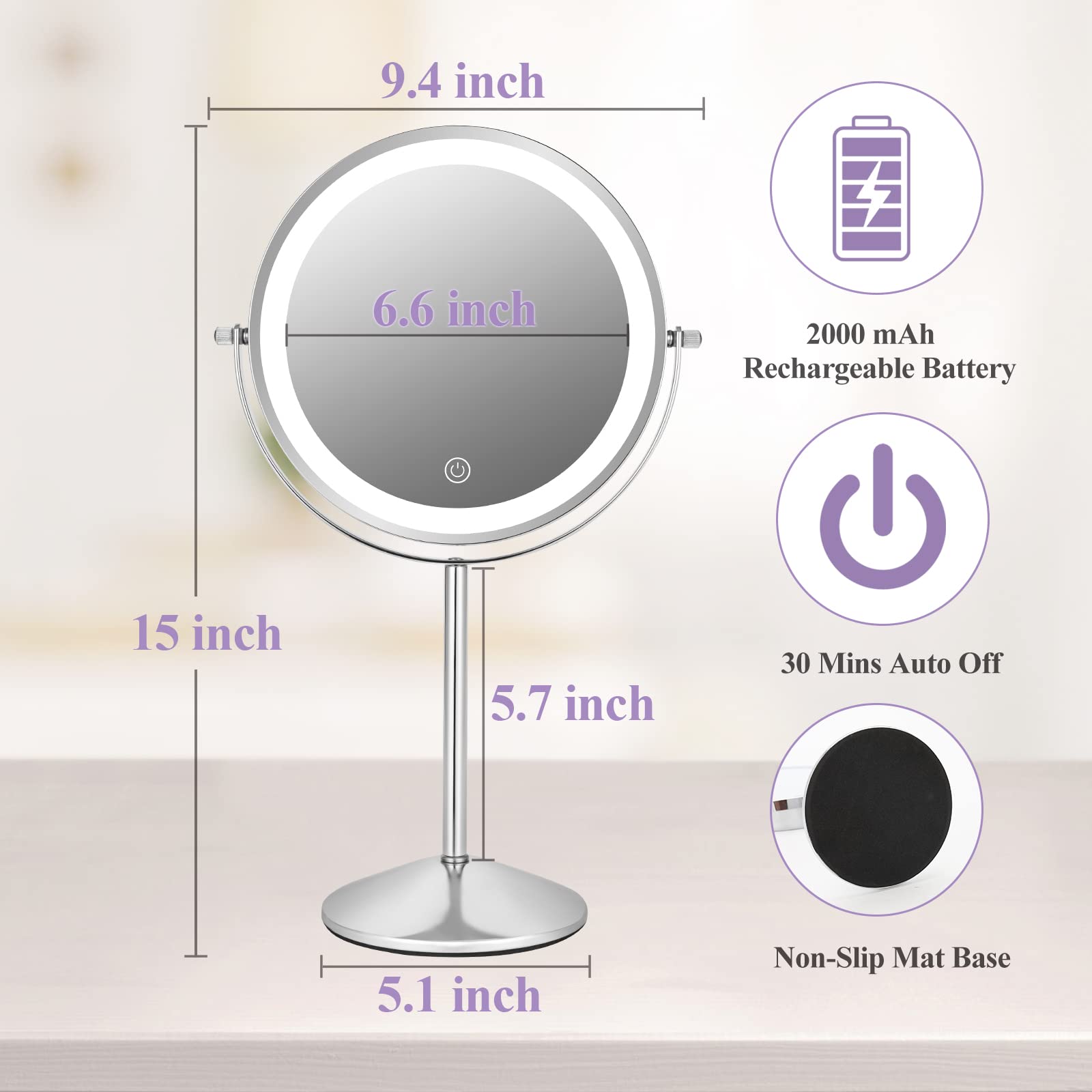 Espejo de maquillaje con luces y aumento, brillo ajustable de 8 pulgadas, aumento 1X/10X, rotación LED de 360°, espejo de tocador para mujer