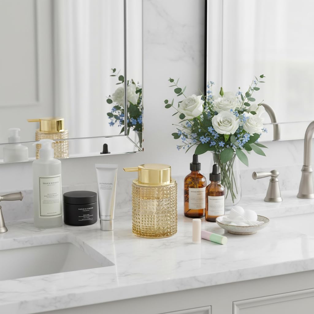 Schaumseifenspender aus bernsteinfarbenem Glas, 2 Stück, nachfüllbarer Schaumseifenspender mit goldfarbener Pumpe, Glas-Lotion-Behälterflasche für Küche und Badezimmer, breite Öffnung und