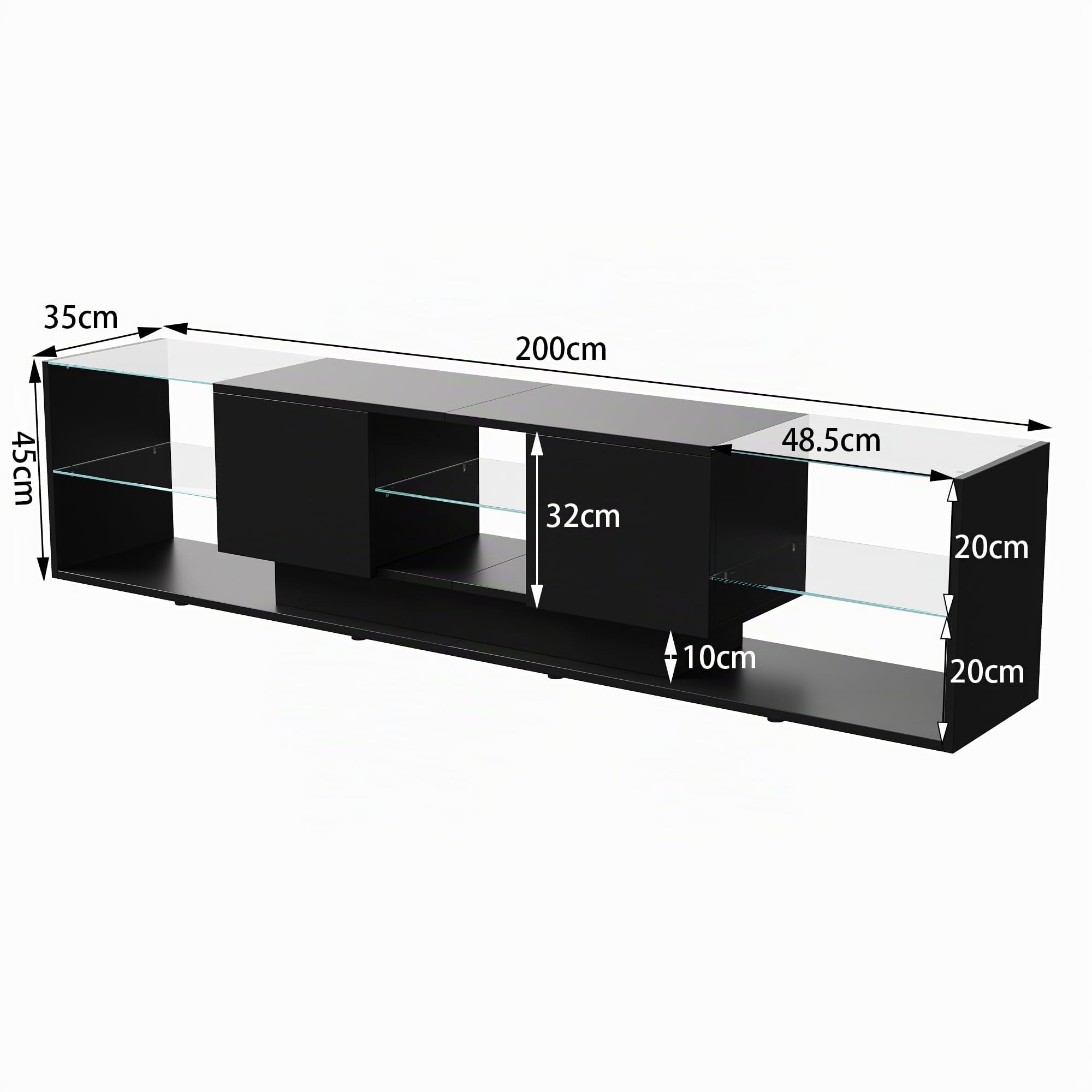 Mueble de TV con luces LED para televisores de hasta 85 pulgadas, moderno y brillante, con espacio de almacenamiento y estantes de cristal abiertos, para salón, dormitorio, color negro