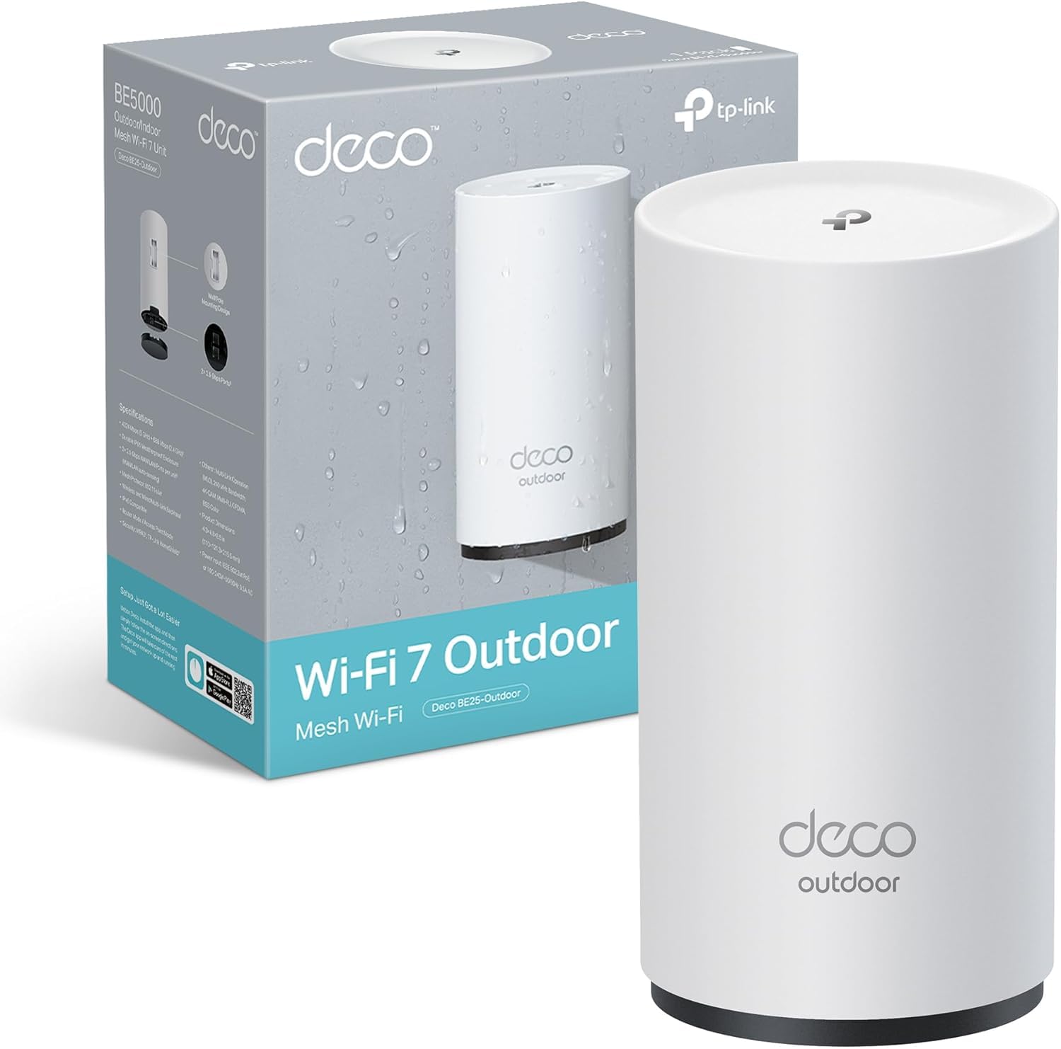 TP-Link Deco BE25-Outdoor Routeur WiFi 7 Mesh BE3600, Répéteur Extérieur/Intérieur, Double Bande, 2×2,5G, IP65, PoE/AC