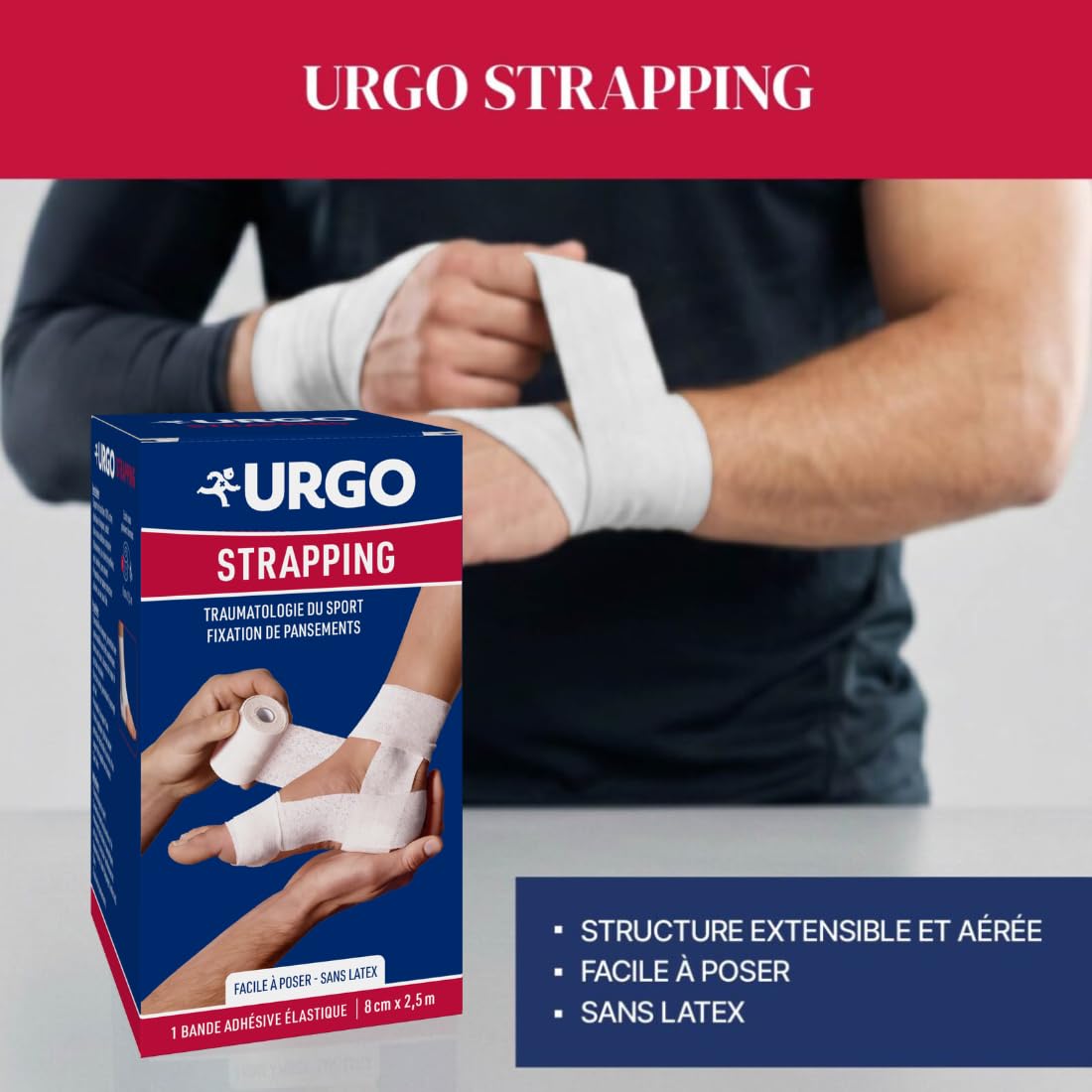 Urgo - Strapping - Elastyczna taśma klejąca - Wkład/mocowanie bandażów - 1 taśma 2,5 mx8cm
