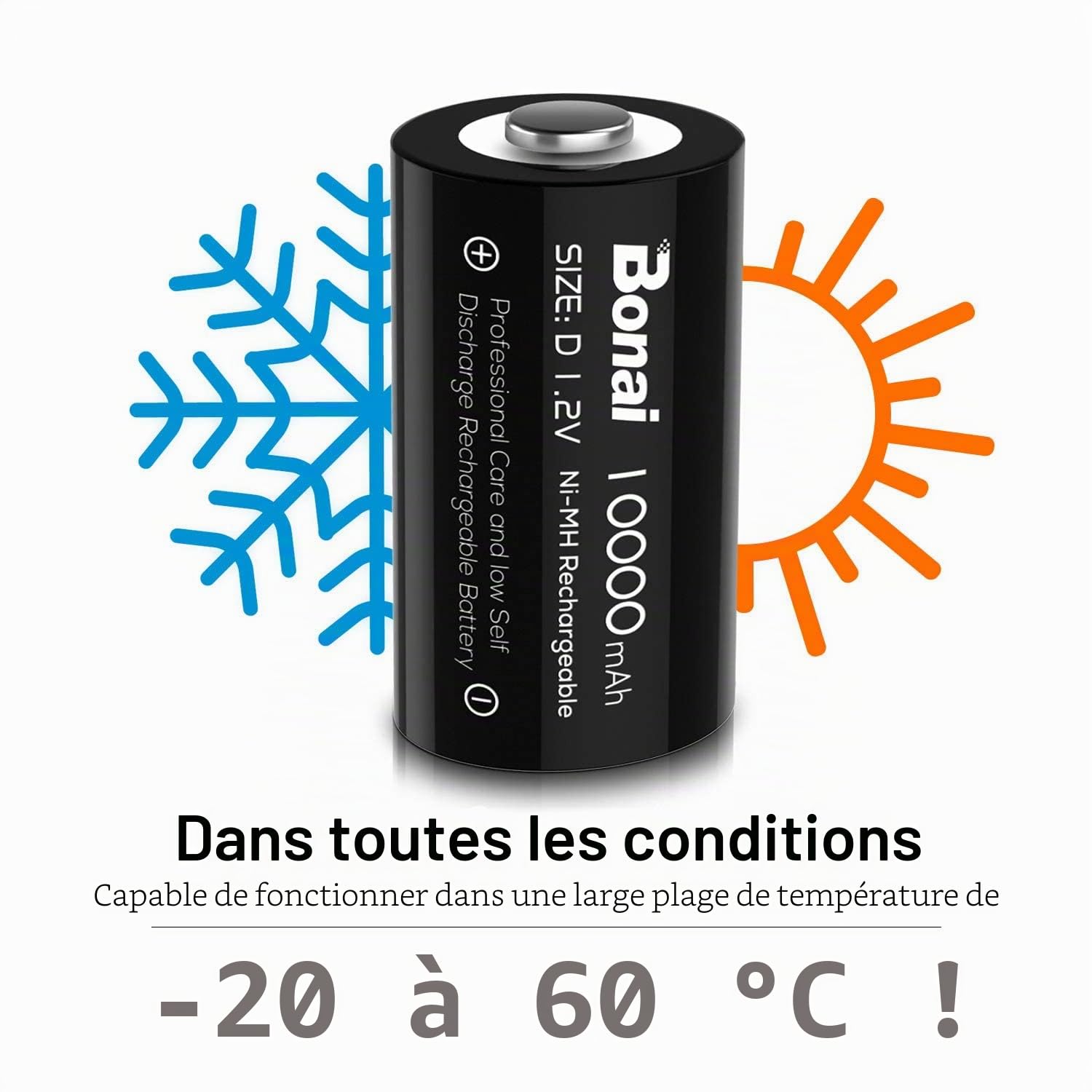 BONAI Chargeur Piles Rechargeable Universel + Lot de 4 Piles Rechargeables D/ LR20 Ni-MH 1,2 V, 10000 mAh