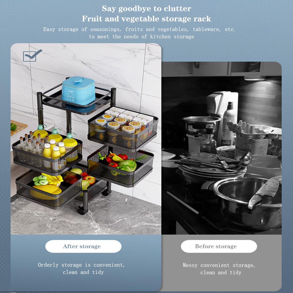 Estantería de almacenamiento giratoria para cocina, 3/4/5 niveles, cestas de almacenamiento para frutas y verduras, cesta extraíble, estantería de cocina multicapa con ruedas giratorias de
