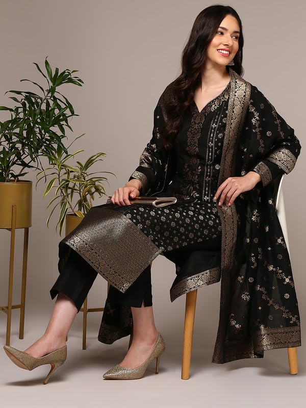 Image of Vaamsi Women's Chanderi Ethnic Motifs Woven Design Straight Kurta Pant With Dupatta With Cotton Inner