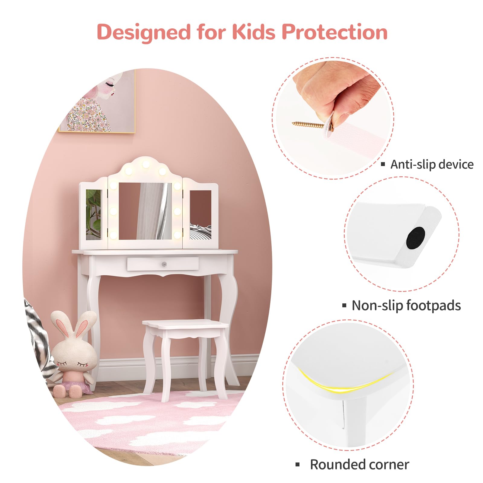 LIFEZEAL toeletta 2 in 1 per bambini con sgabello e cassetto, tavolo da trucco BIMBI con triplo specchio e 9 luci a LED in 3 modalità, antiribaltamento per Ragazzi dai 3 anni in su (Bianco)