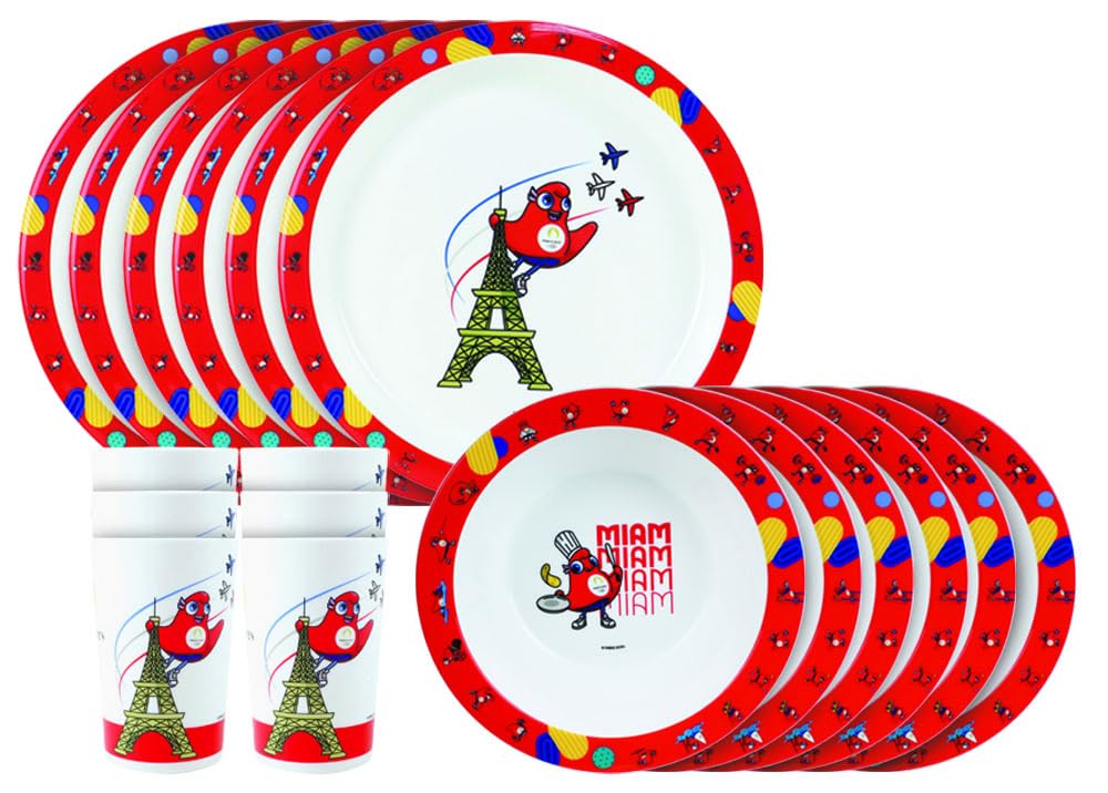 FUN HOUSE Igrzyska Olimpijskie Paryż 2024 LOT JO 6 talerzy 22 cm, 6 misek 16cm I 6 szklanek 220ml - Zastawa wielokrotnego użytku, Biała/Czerwona