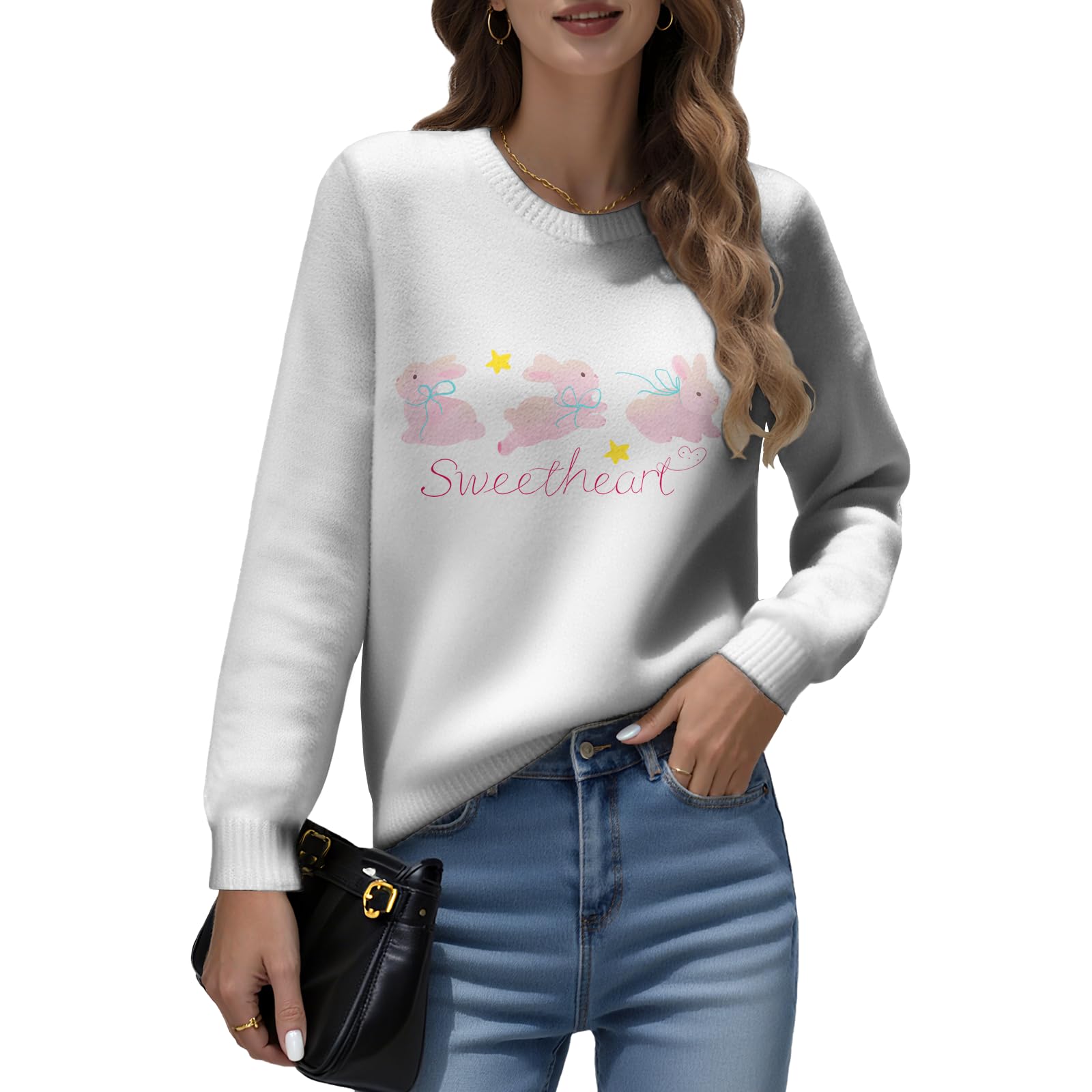 LIZALIG Womens Long Sleeve Print Pullover Sweater Round Neck Relaxed Fit Soft Comfortable Chic Fall Fashion Trendy
