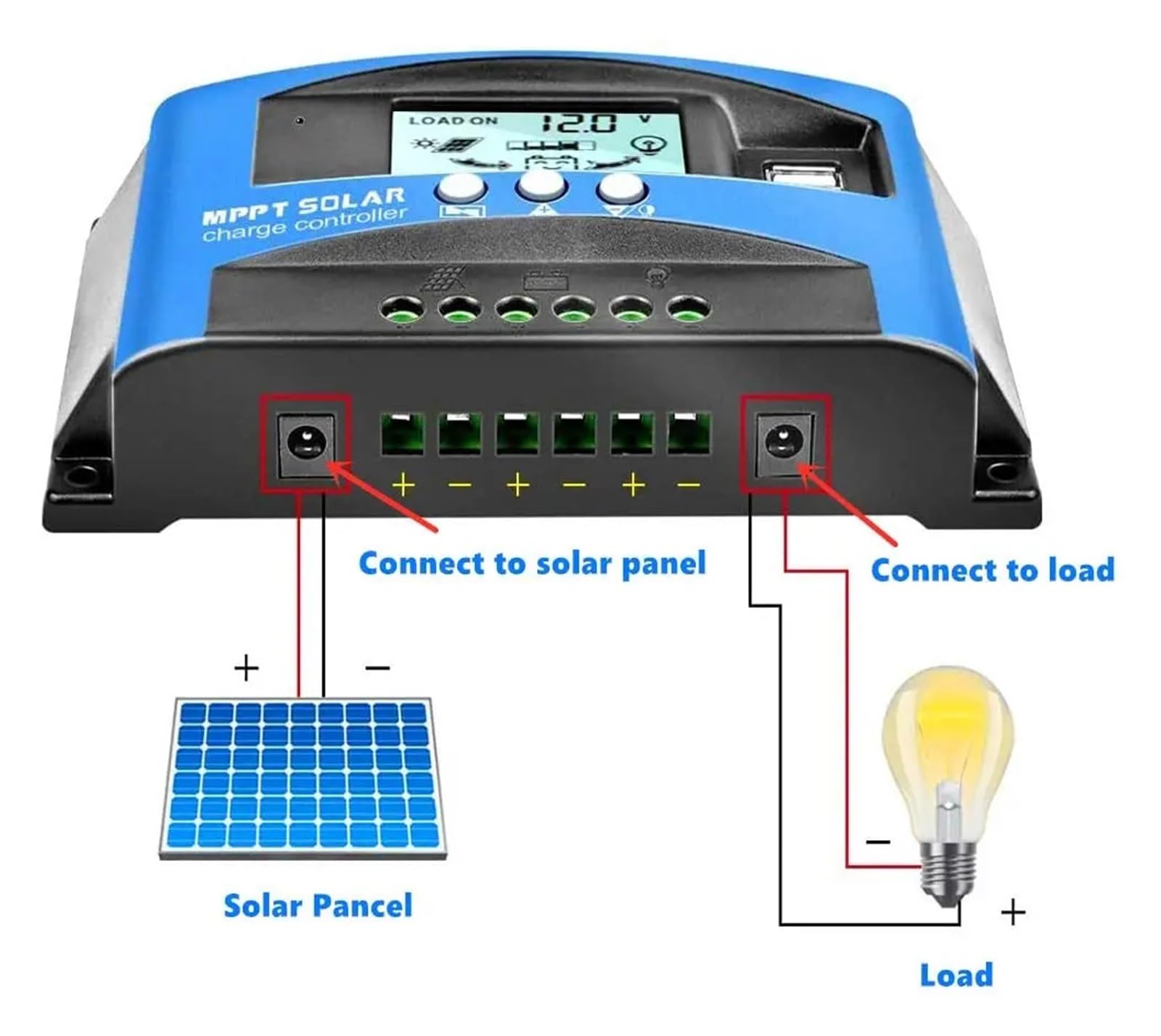 Controlador de cargador solar Controlador de carga Solar MPPT 100A 60A 50A 40A 30A, pantalla LCD USB Dual, regulador de cargador de Panel de células solares de 12V 24V con carga(100A)