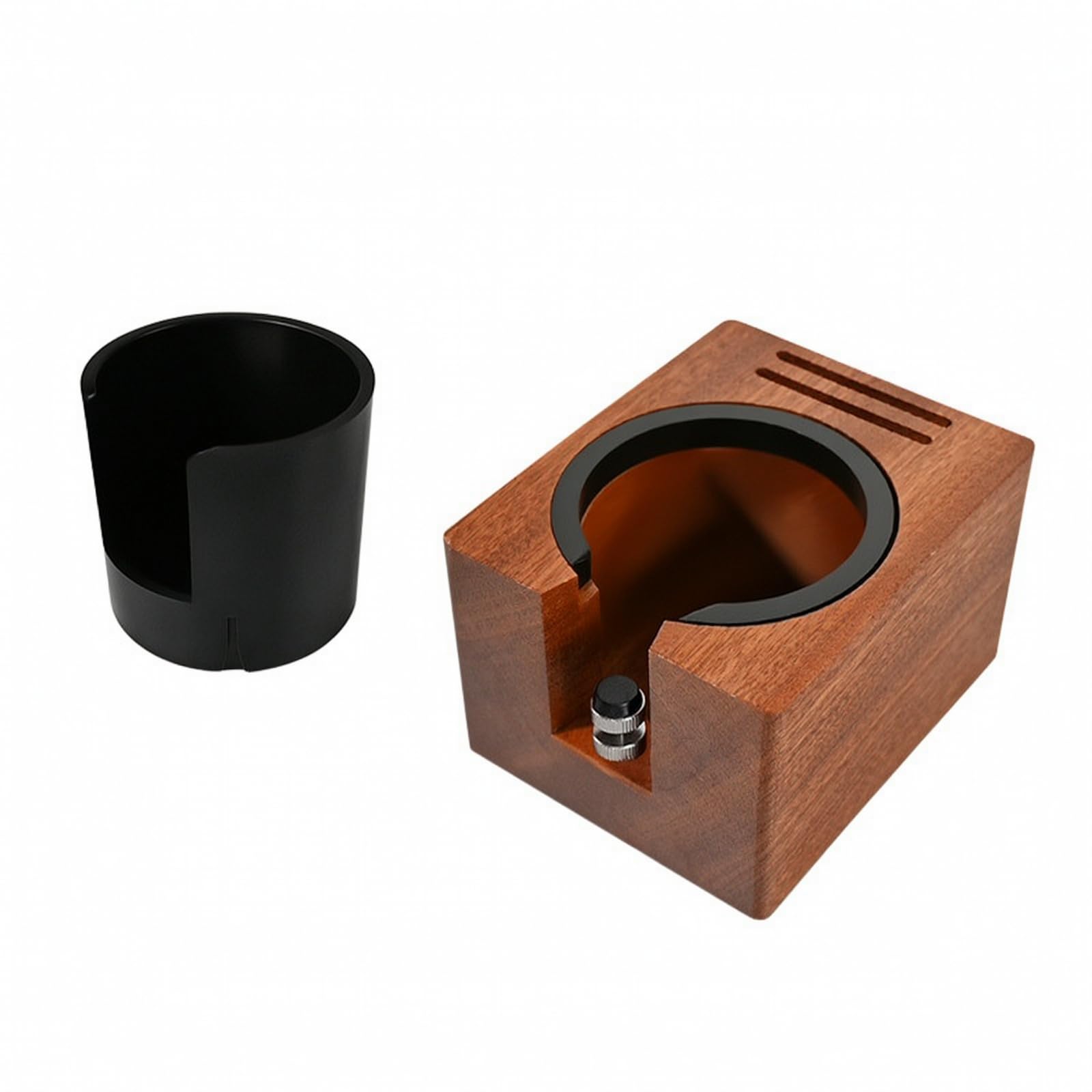 Base Tamper in Legno Regolabile Stazione di Pressatura Caffè Funzionale Organizer da Banco per Caffè Professionisti, Da 51 A 58mm, Con Secchiello Interno