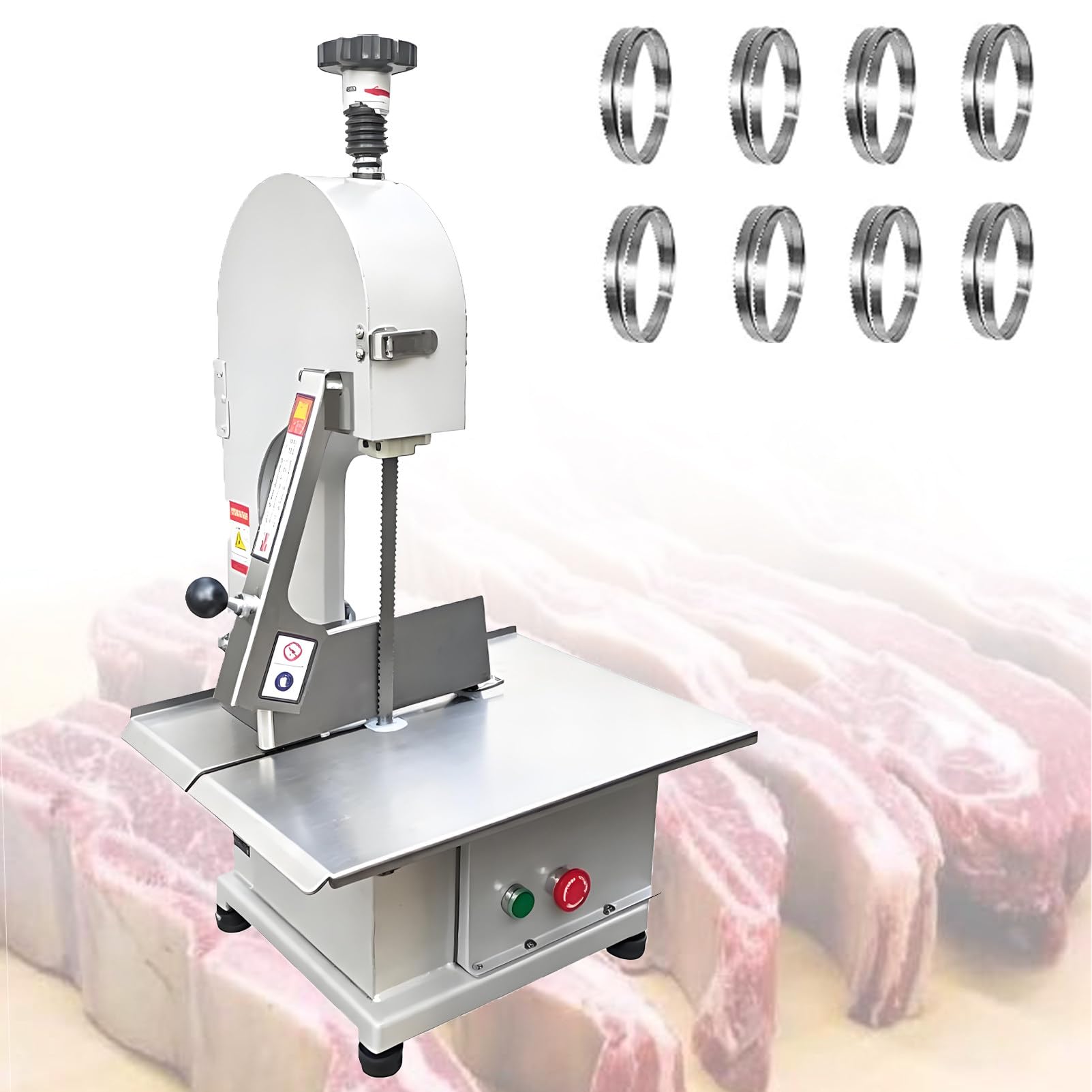 Ofyphth Commercial Electric Meat Bandsaw, Bone Commercial Meat, Cutting Thickness up to 130 mm, with 8 Blades, 200-300kg/h, for Butchering, Fish Pork Beef.
