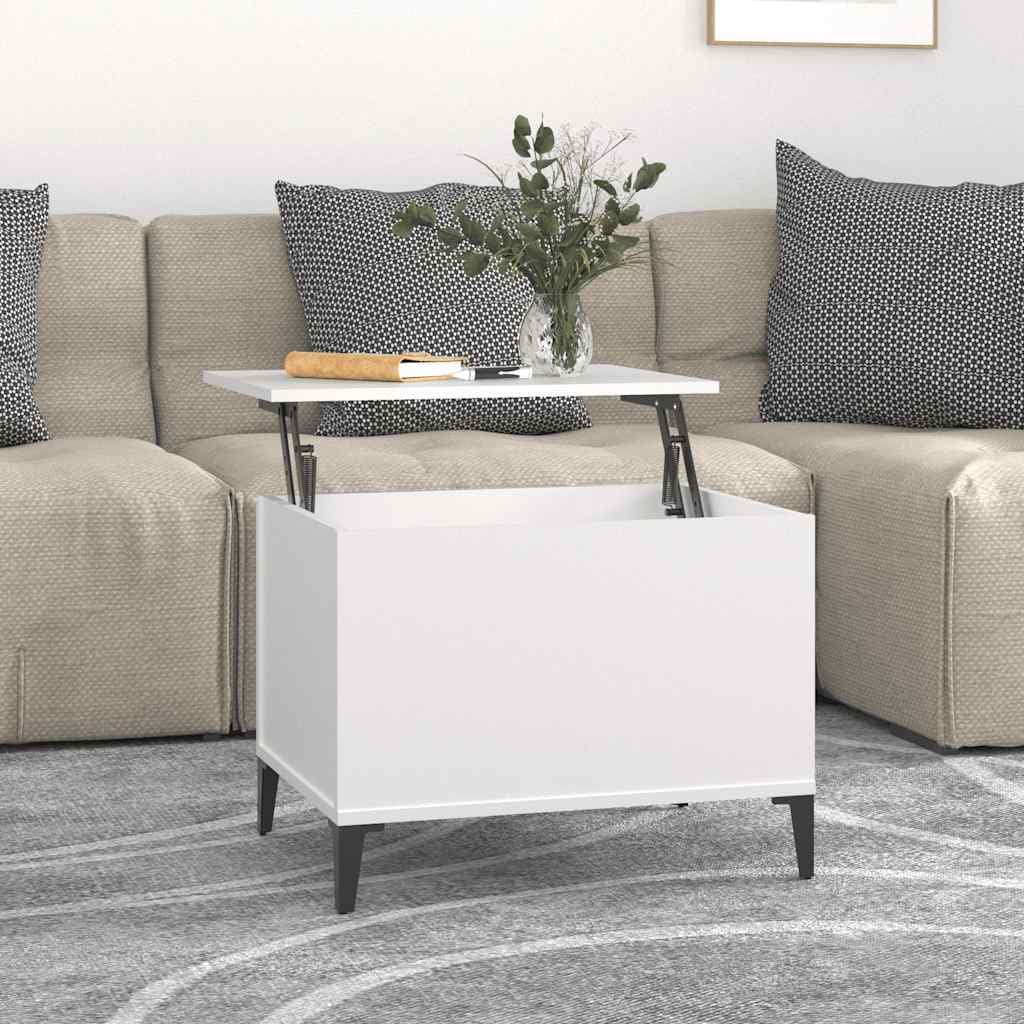 Stolik kawowy, biały, 60 x 44,5 x 45 cm, materiał drewnopochodny z blatem o regulowanej wysokości, miejsce do przechowywania, nowoczesny design, trwały materiał, idealny do salonu, salonu