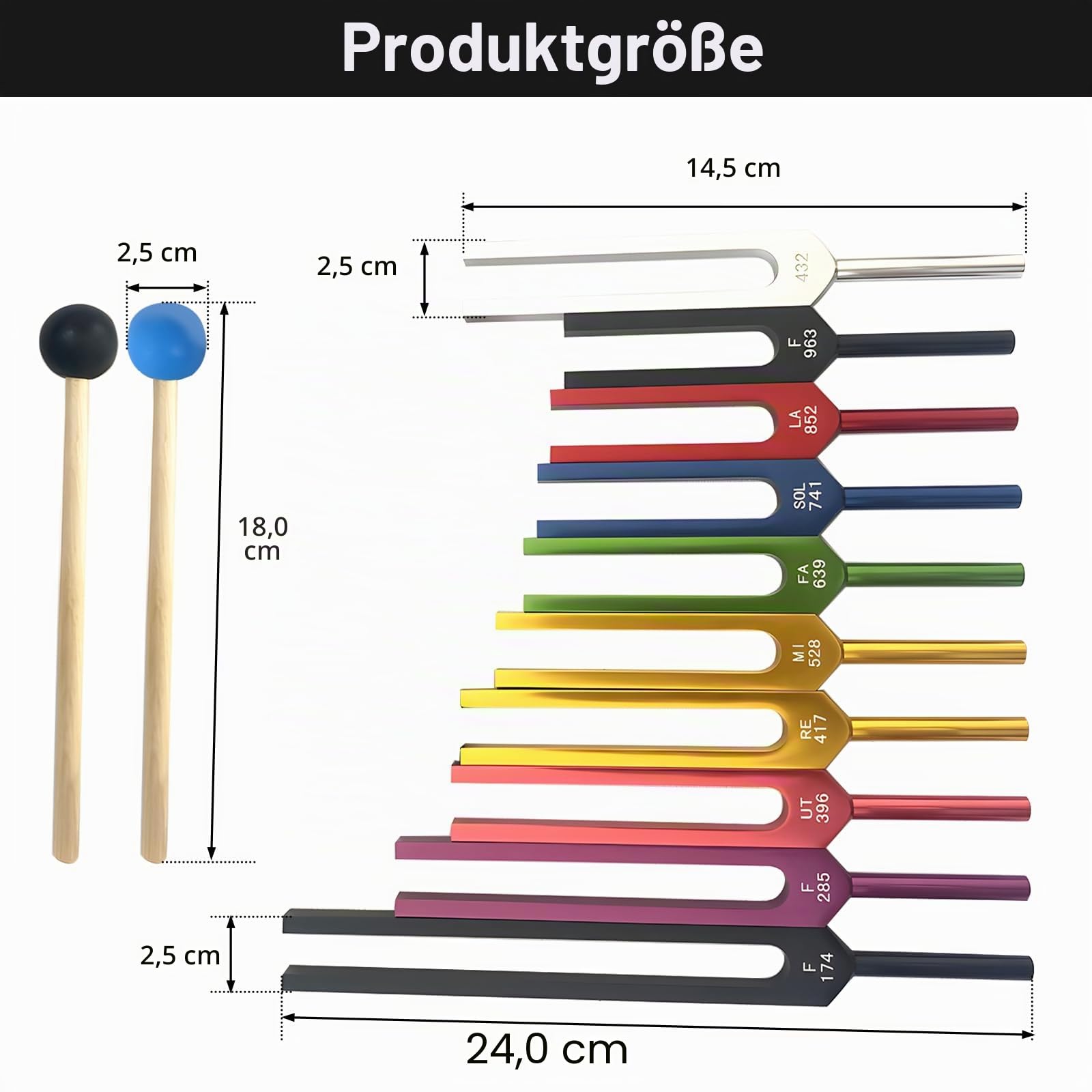Solfeggio Stimmgabel-Set, 432 Hz, Ungewichtet, Bunt, 10 Stück - Chakra-Musik Mit Geschenkbox Und 2 Gummischlägeln Für Meditation, Klangheilung