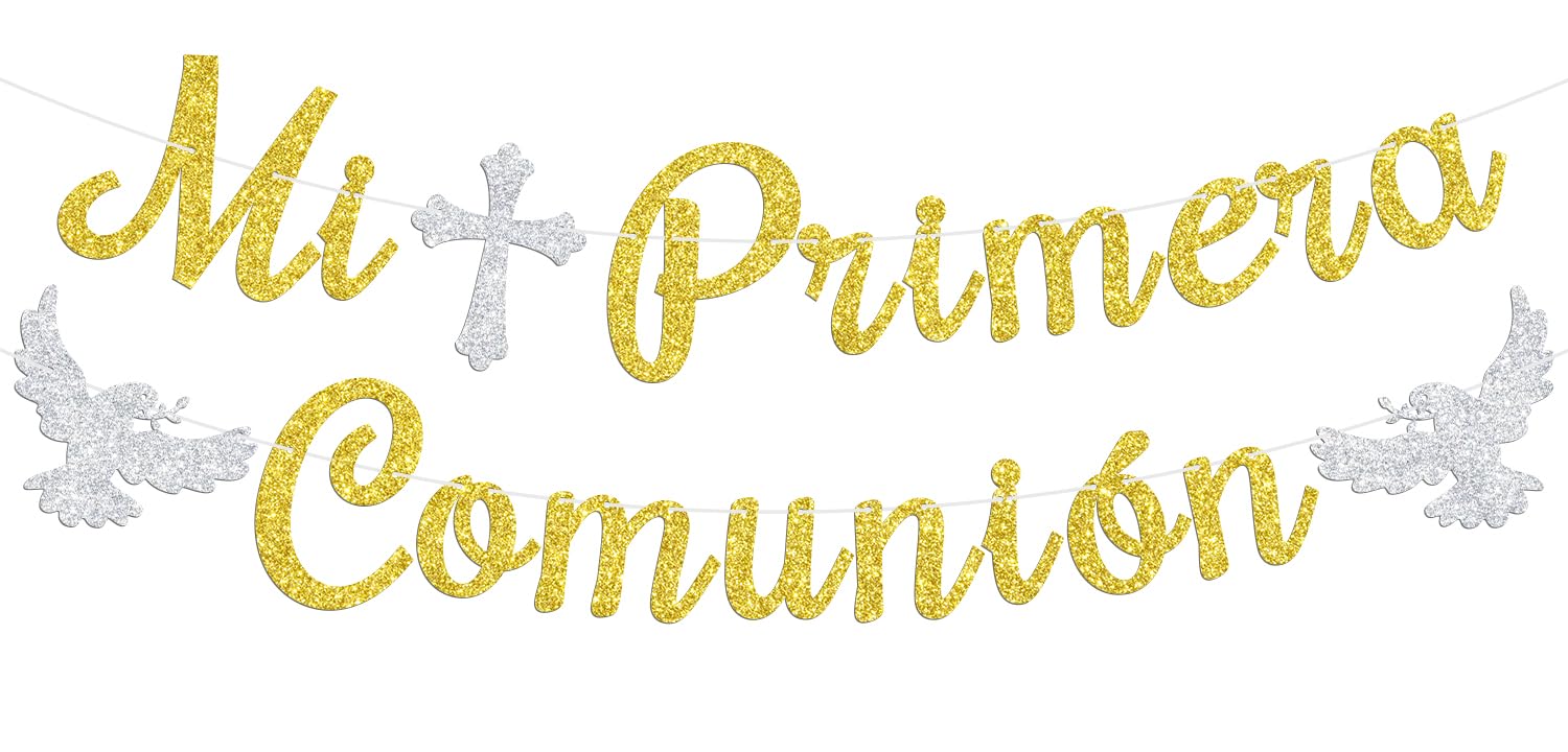 Mi Primera Comunion Banner, Spanish First Holy Communion, Religious 1st Birthday, Christening Baptism Baby Shower Party Decorations Supplies, Gold