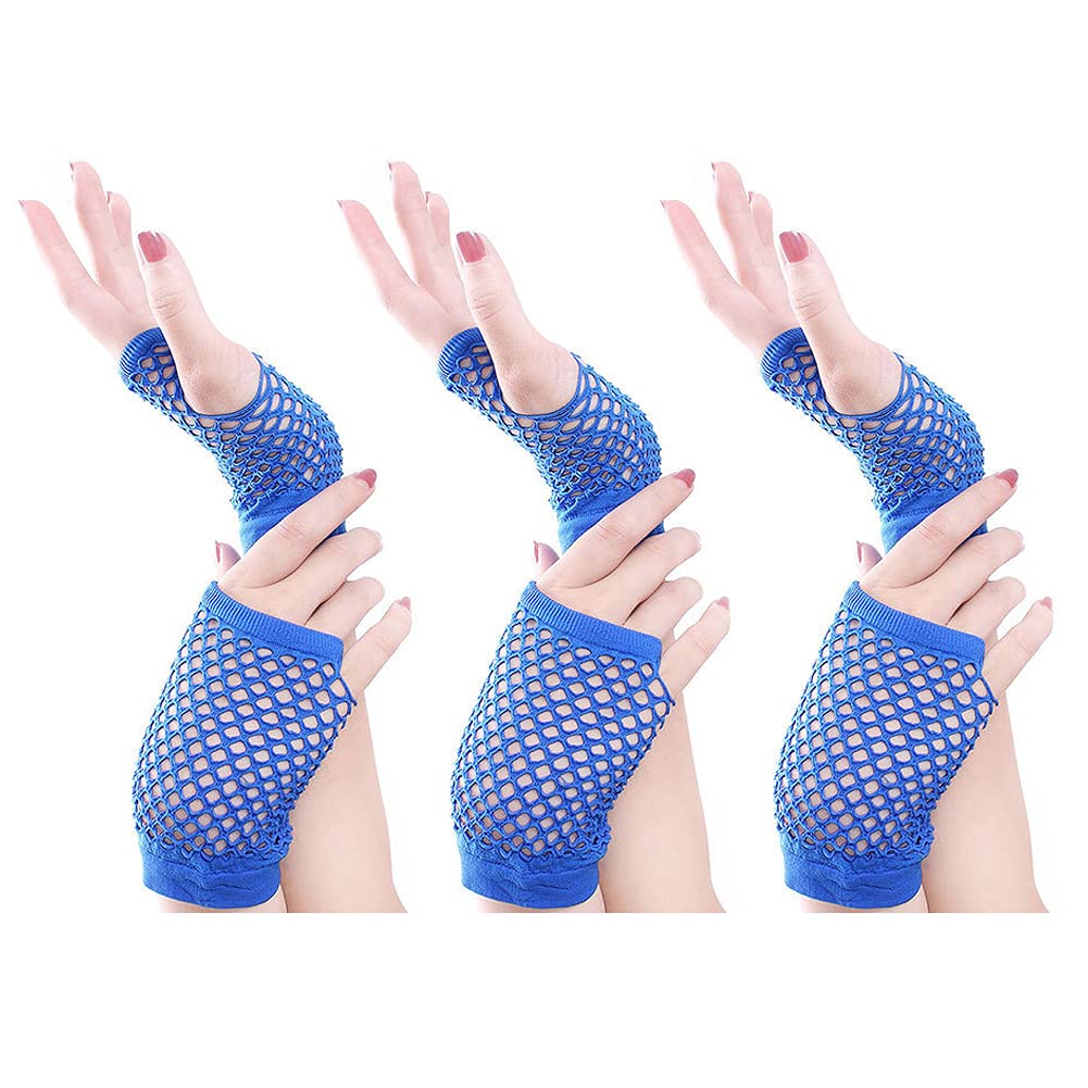 3 Pairs Short Fishnet Gloves Fingerless Fishnet Gloves for Women Girls 80s Costume Accessory Party Supplies (Blue)