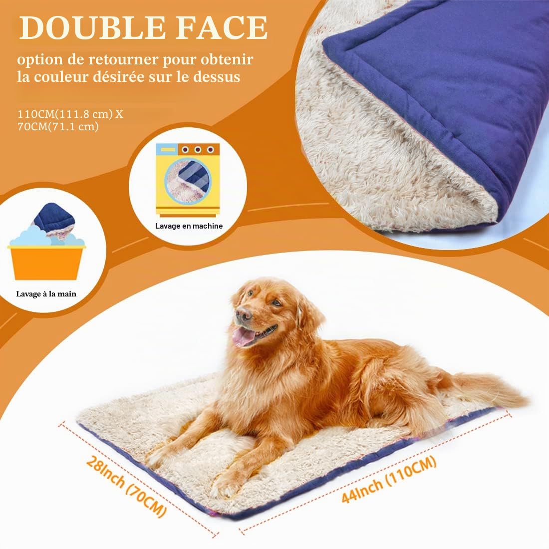 Matelas pour Chien Réversible Couverture Lavable Doux Peluche Coussins Tapis de Voyage Extérieur pour Animaux de Compagnie Convient aux Grands Moyens et Petits Chiens et Chats, Bleu 110x70cm