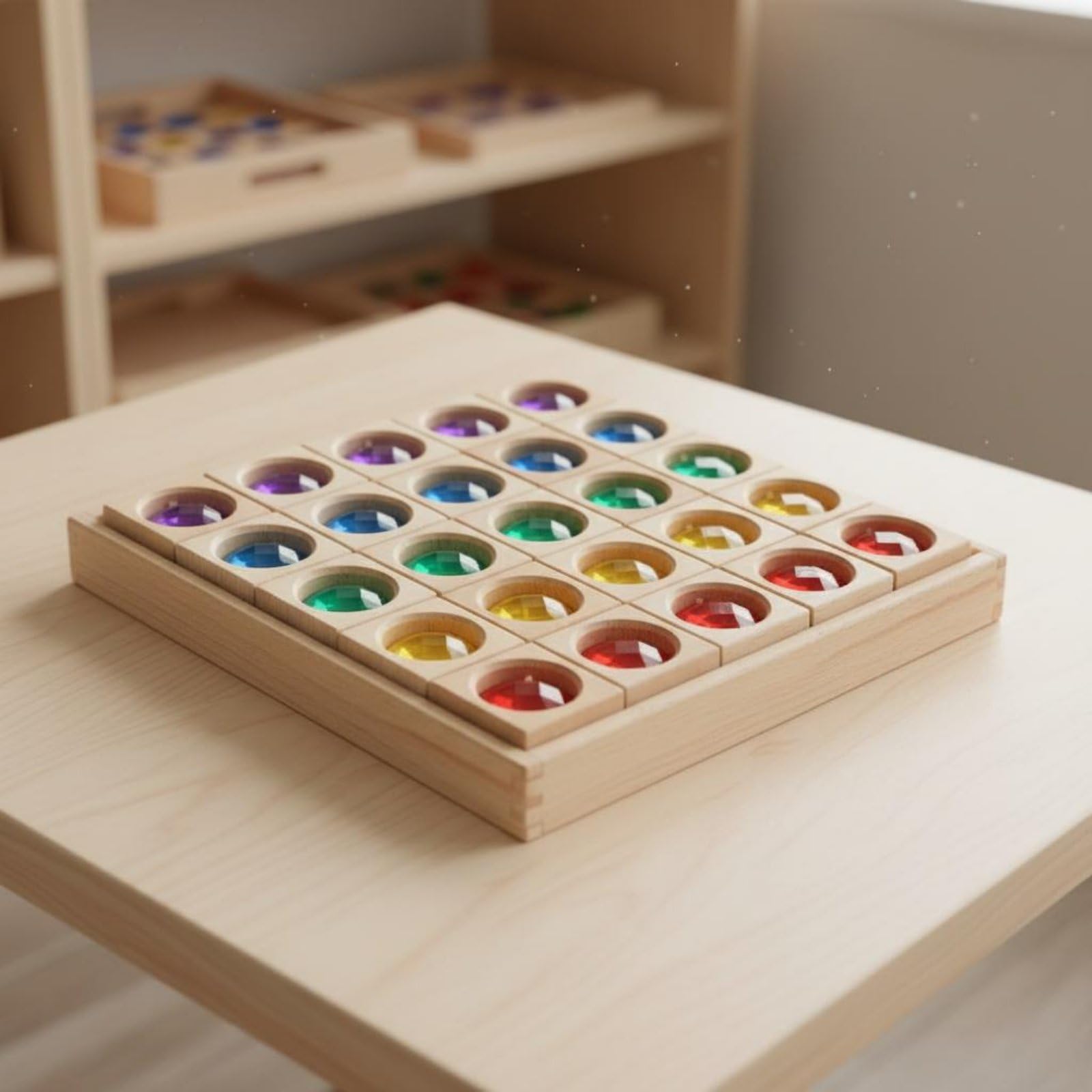 25 Stück Kinder Bausteine Lernspielzeug Holz Acryl Bausteine Spielsteine Bausteinset mit Bunten Transparent Einsätzen Erzeugt Leuchteffekte Beim