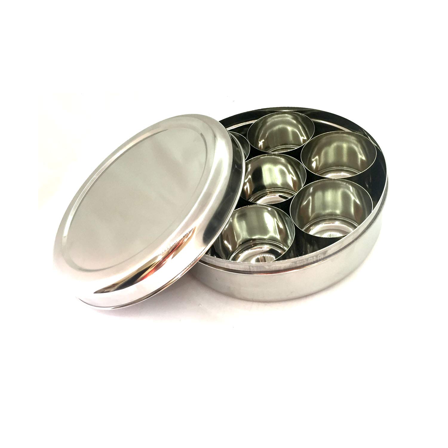 Masala Dabba Aus Edelstahl – 7 Gewürzbehälter Mit Löffel, 19,1 Cm, Durchsichtige Deckel
