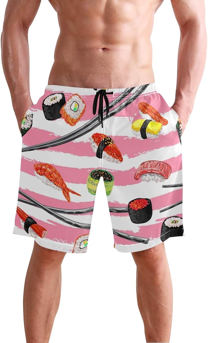 AUUXVA Men's Beach Shorts Japanese Sushi Stripe Pattern Swim Trunks Beachwear Board Shorts