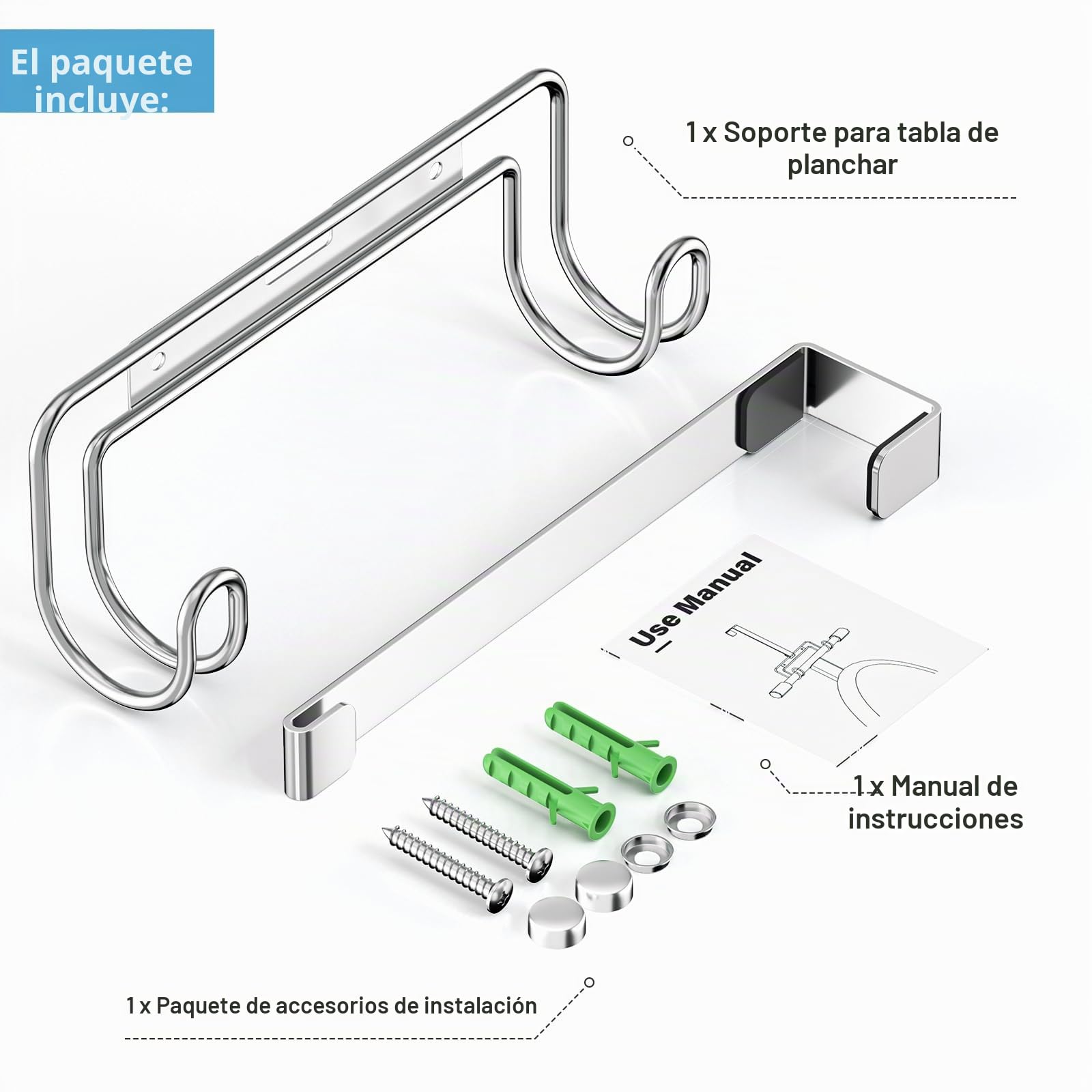 Soporte tabla planchar, soporte para tabla de planchar, colgador tabla planchar puerta, gancho para tablas de planchars, soporte plancha puerta, Apto para lavanderías (plata)