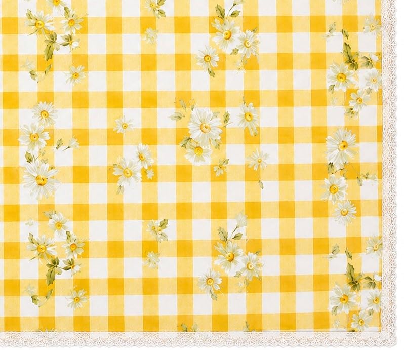Image of Amazon Brand - Umi Cotton Tablecloth Pack of 2, 4-6 Seater Dining Table Cover, Yellow Gingham Check Daisy Floral Print Rectangular Table Linen with Lace Trim 4 Corners Farmhouse Cottage Style