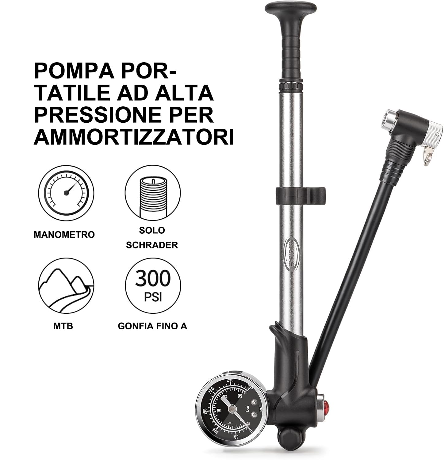CXWXC Pompa ammortizzatore ad alta pressione, max. 300 PSI forcella ammortizzata e sospensione posteriore, serratura a leva su ugello senza perdita d'aria argento