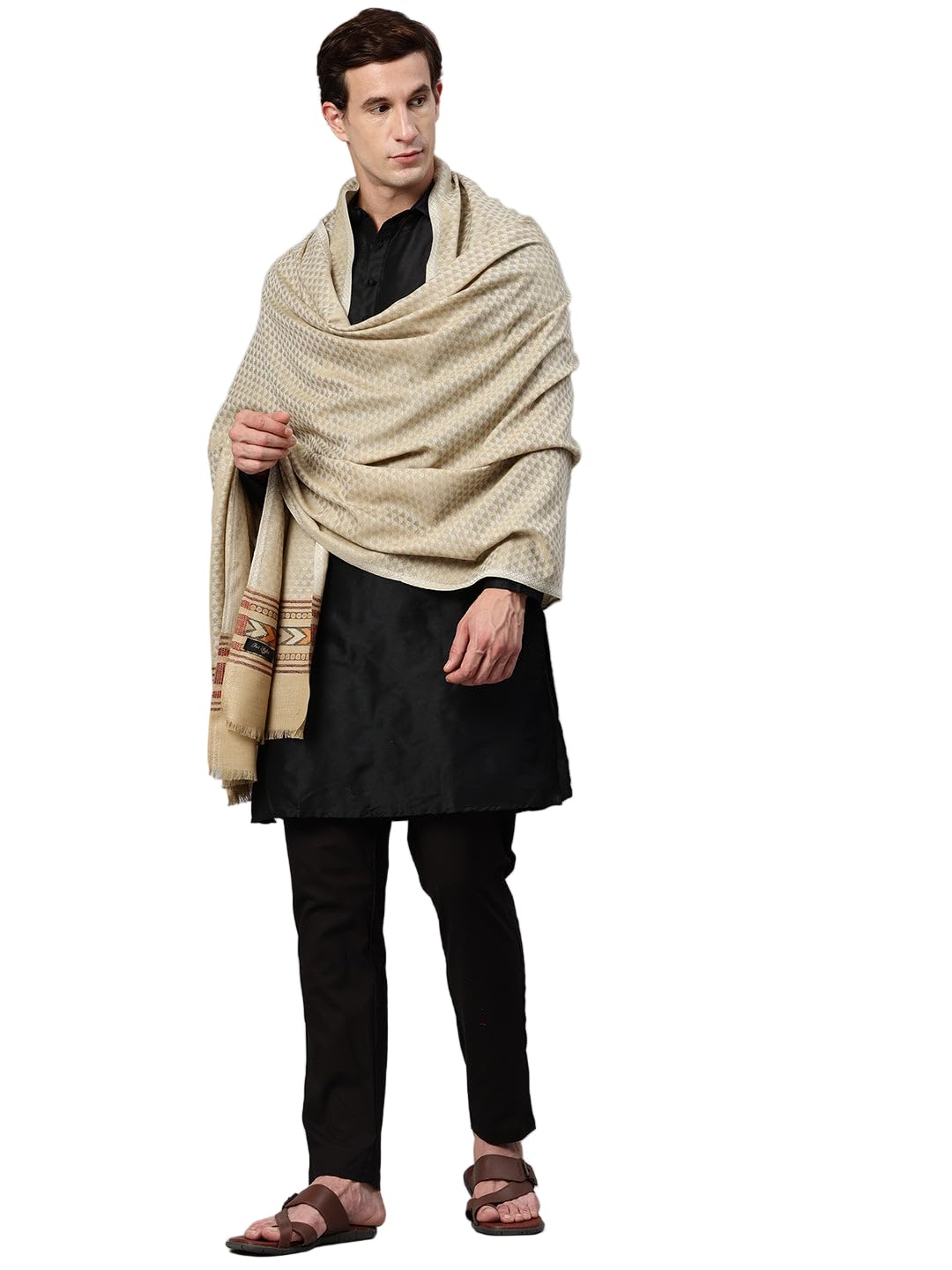 Men Beige Chevron Woven Wool Shawl 3J41_Beige-image-25