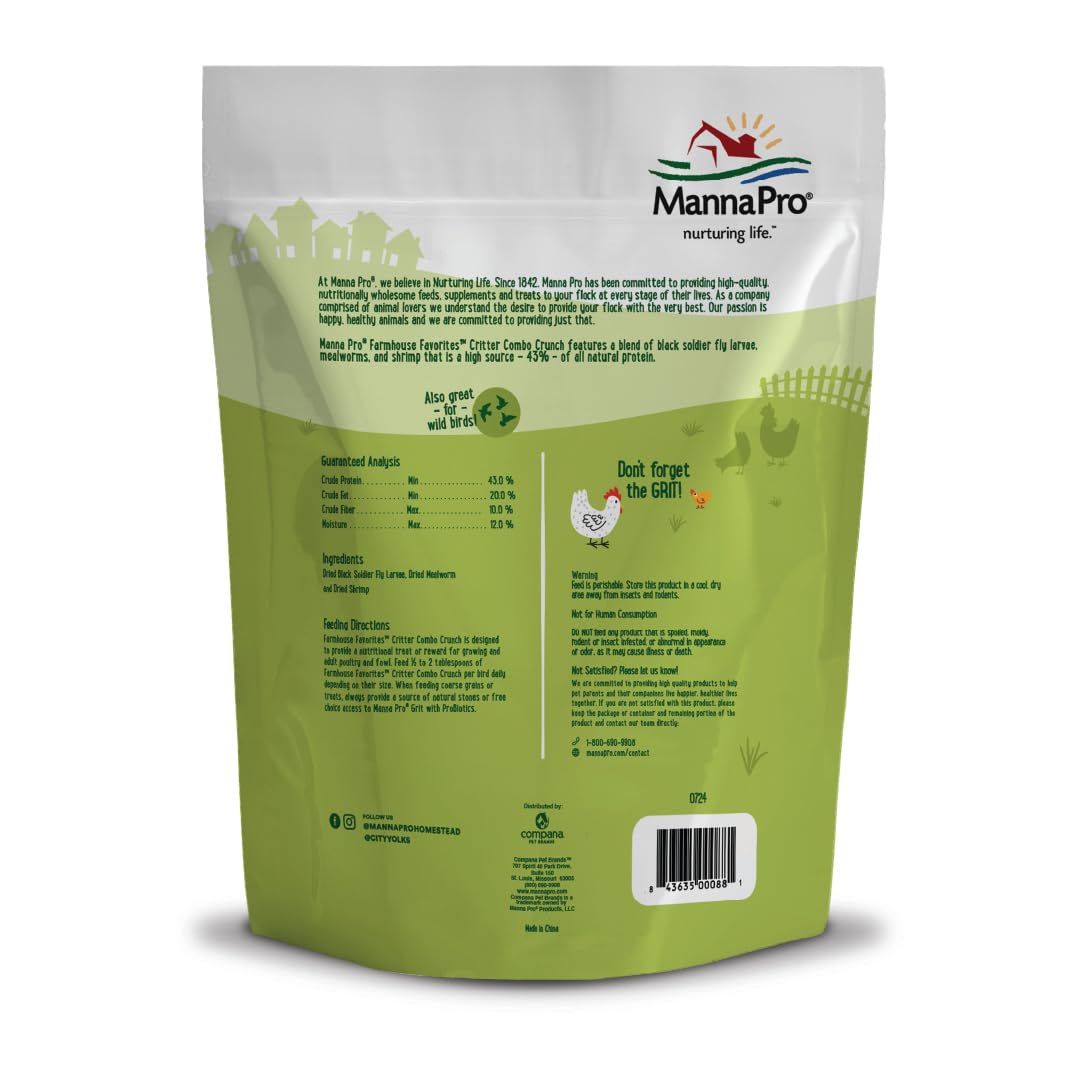 Manna Pro Farmhouse Favorites Critter Combo Crunch - Golosinas para Aves de Corral con proteínas Que promueve el Comportamiento Natural de la alimentación, Mezcla 100% Natural de Larvas Negras de