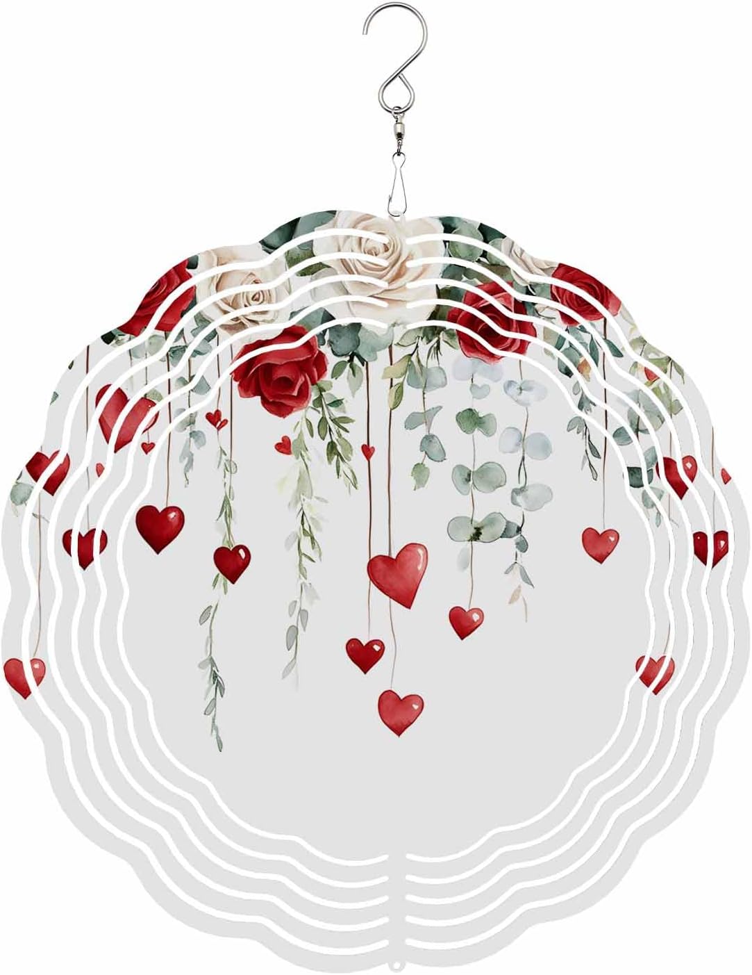 Red Roses Heart Valentine's Day Wind Spinners for Yard and Garden, Metal Wind Spinner Hanging for Outdoor Indoor, Eucalyptus Leaves Porch Wind Sculptures Spring Summer Ornament Spinner 10''(Round)