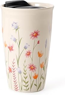 Keramik Coffee to go Becher mit Silikondeckel, Doppelwandiger Thermobecher 280ml mit Blumenmuster, Isolierter Porzellan Kaffeebecher für Auto & Büro, Wiederverwendbarer Trinkbecher, Beige