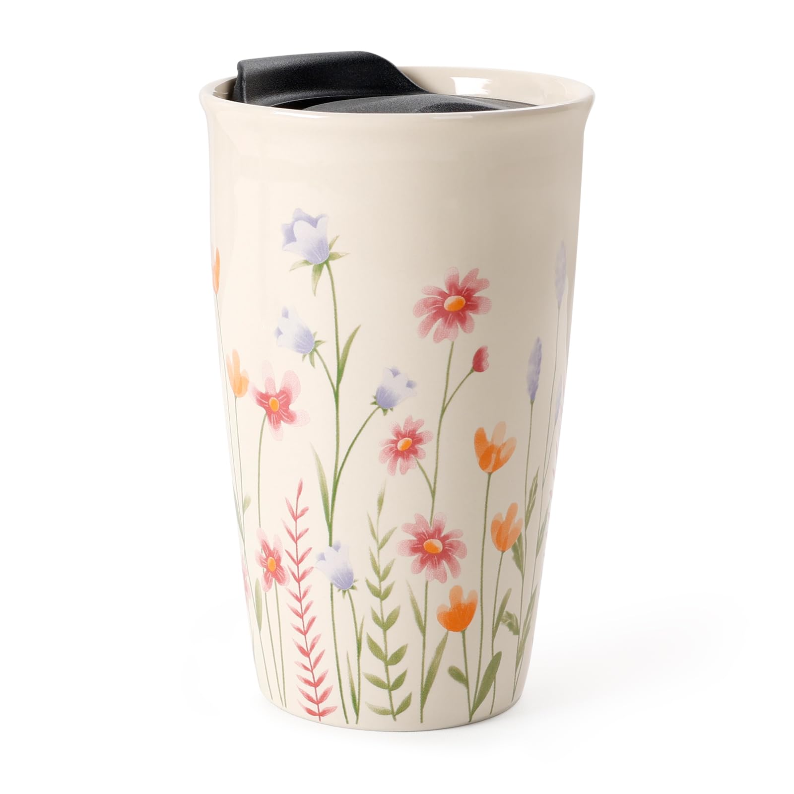 UmlacaCoffee Cup Ceramic Travel Mug with Lid for Hot Drinks, Insulated Double Wall Mug, 12oz/350ml, BPA Free, Dishwasher Safe, for Home, Office, Car, to Go (Beige)