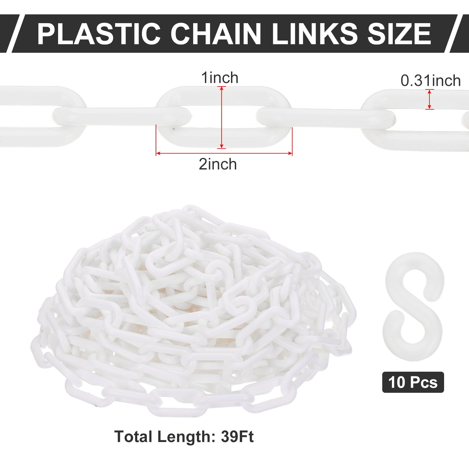 PATIKIL Chaîne en plastique blanche, 39 pieds 8mm Chaîne de sécurité pour le contrôle de foule, file d'attente, parking, clôture, portail, concert, chantier et décoration