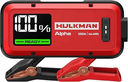 Hulkman Alpha Ultra Red, 1250A 44.4Wh Jump Starter, potencia sin el volumen, arrancador de batería de automóvil y caja de salto con pantalla