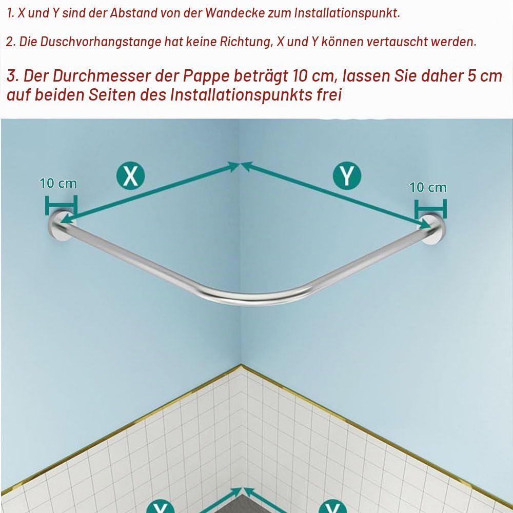 Duschvorhangstange L-Form 75–95 × 75–95 cm, verstellbare Eck-Duschstange aus 304 Edelstahl, 2 Montagearten mit Bohren oder ohne Bohren, rostfrei, für Badewanne, Dusche und Badezimmer