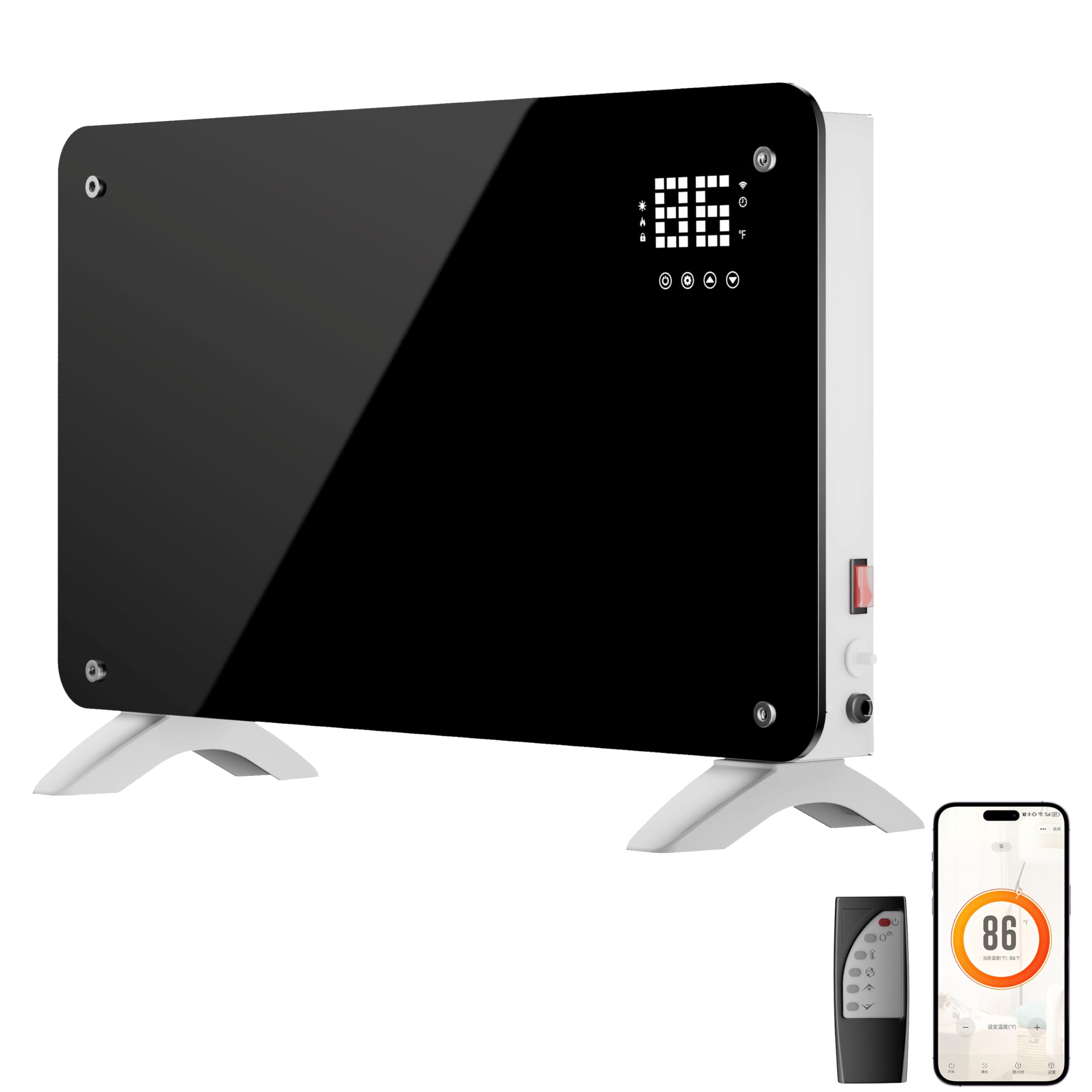 Convection Heater Wifi Control, Indoor Space Heater, 1500W Electric Heating with Remote Control, Digital Display, Fast Heating, 24H Timers for Living Room, Bedroom, Office (Black W/White)