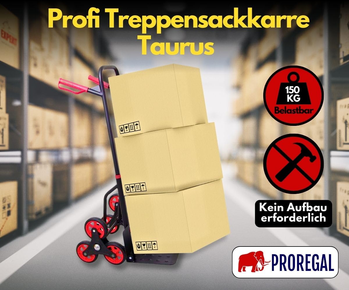 PROREGAL Klappbarer Profi-Treppensteiger Taurus 150kg TÜV Zertifiziert pannensichere Vollgummibereifung 110x45x61cm Rot-Schwarz Sackkarre Transportkarre Staplerkarre