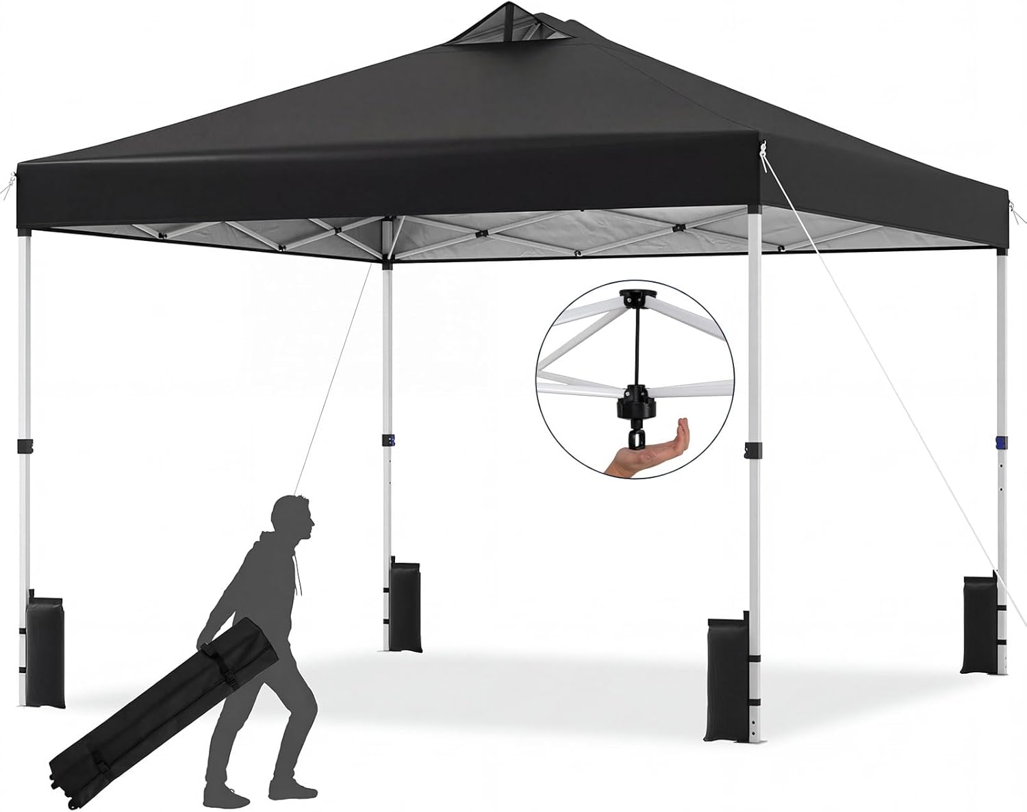 Tangkula 10 x10 Ft Pop Up Canopy with Center Lock, UPF 50+ One-Button Setup Outdoor Canopy Tent with Roller Bag, 4 Sand Bags, Heavy-Duty Steel Frame, 8 Stakes, 4 Ropes for Camping, Picnic (Black)