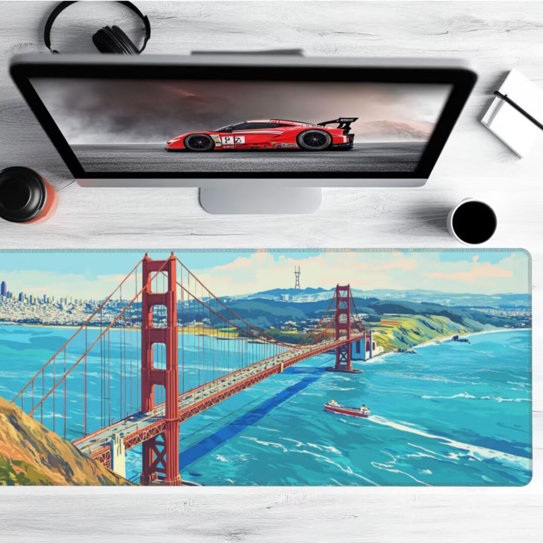 Tappetino Mouse Paesaggio Gaming Mouse Pad Ponte Tappetino Mouse XXL 1200×600×3MM Migliora La Precisione e La Velocità Tappetino Scrivania con Base in Gomma e Bordi Cuciti per Ufficio e Gaming