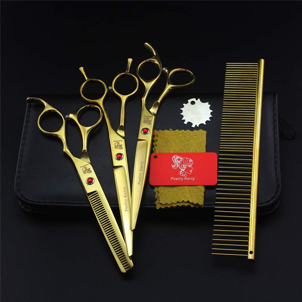 7 inch Professional Pet Dog Grooming Scissors 3 Set,Gold color plating Stainless Steel Dog Cat Hair Care Thinning Cutting Scissors, Curved Scissors, Grooming Comb(Gold color)