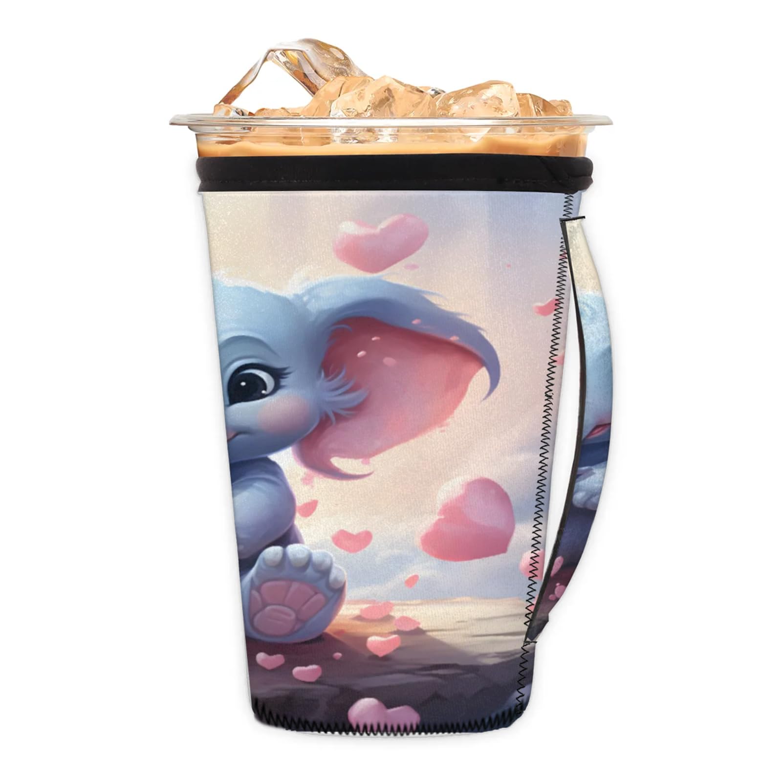 Cute Elephant Heart Reusable Neoprene Coffee Sleeve with Handle Insulated Iced Coffee Cup Holder Reduces Condensation Fits 24-28 oz Cups M