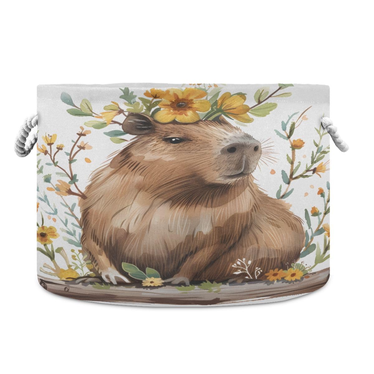 Round Storage Basket Cute Capybara with Yellow Flowers Open Home Storage Bin 20 * 13.9in