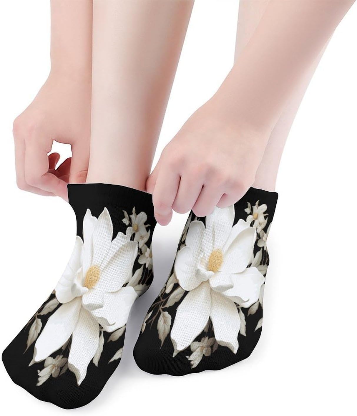 White Floral Ankle Socks for Men Women 5 Pairs | Comfortable Casual Low Cut Socks, Lightweight No Show Breathable Athletic Socks, Soft Mini Crew Socks for All Seasons
