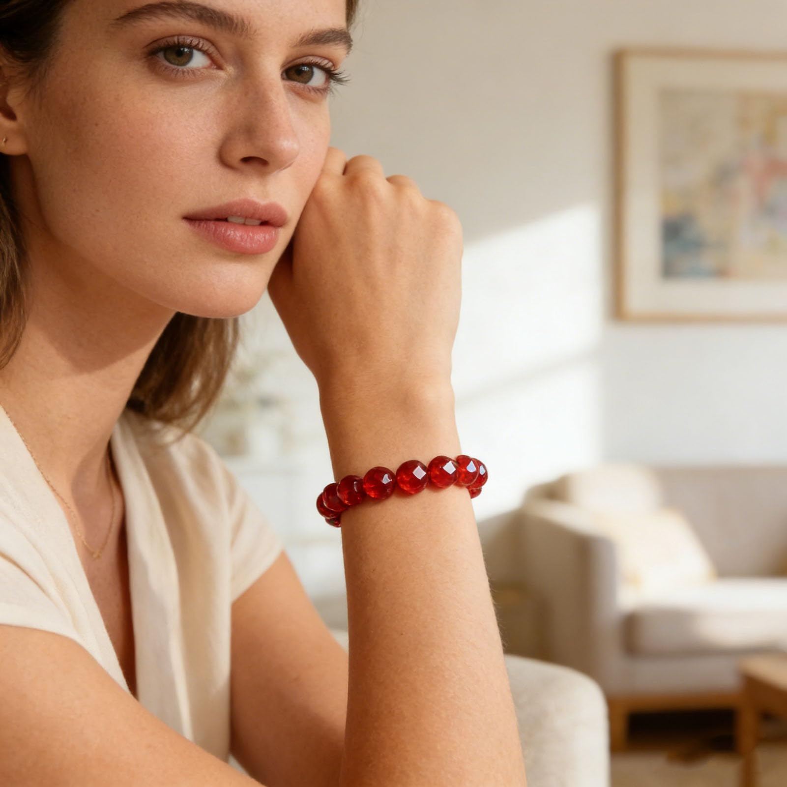 Pulsera clásica de ágata Nanhong: Piedra Preciosa roja Tradicional China para Fuerza y ​​armonía, Regalo de joyería con Cuentas elásticas para Mujeres y Hombres Fengshui,7MM