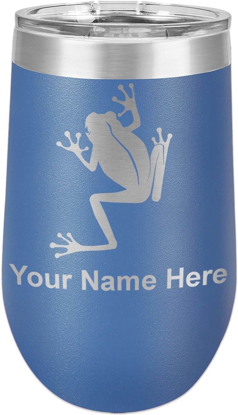 LaserGram 16oz Double Wall Stainless Steel Wine Glass Tumbler, Tree Frog, Personalized Engraving Included (Dark Blue)