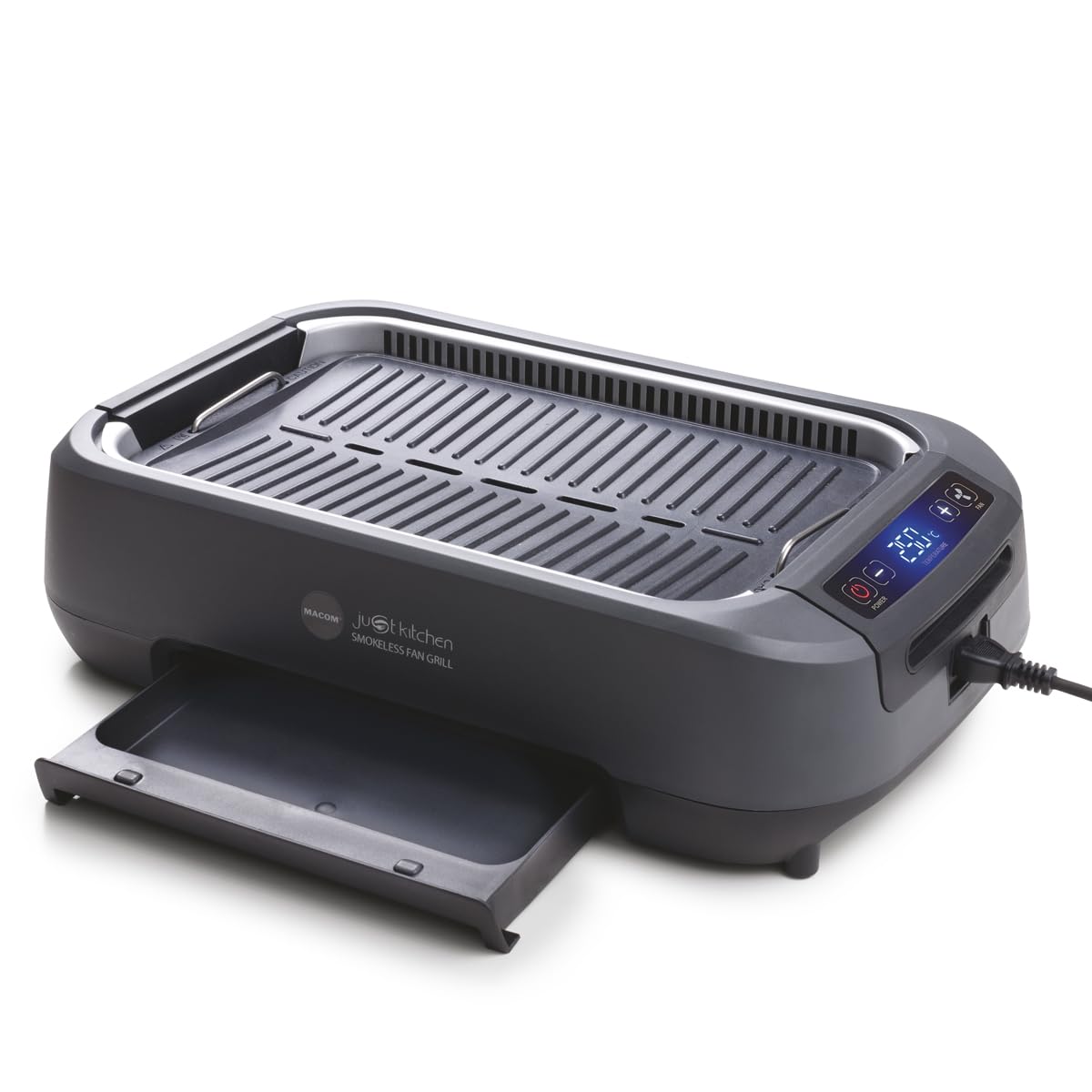 MACOM Griglia/Piastra Elettrica Con Cappa Aspirante Integrata e Doppio sistema filtrante,Indoor,Senza Fumo Senza Odori,Temperatura regolabile sino a 250°,1500W, Just Kitchen 849 Smokeless Fan Grill